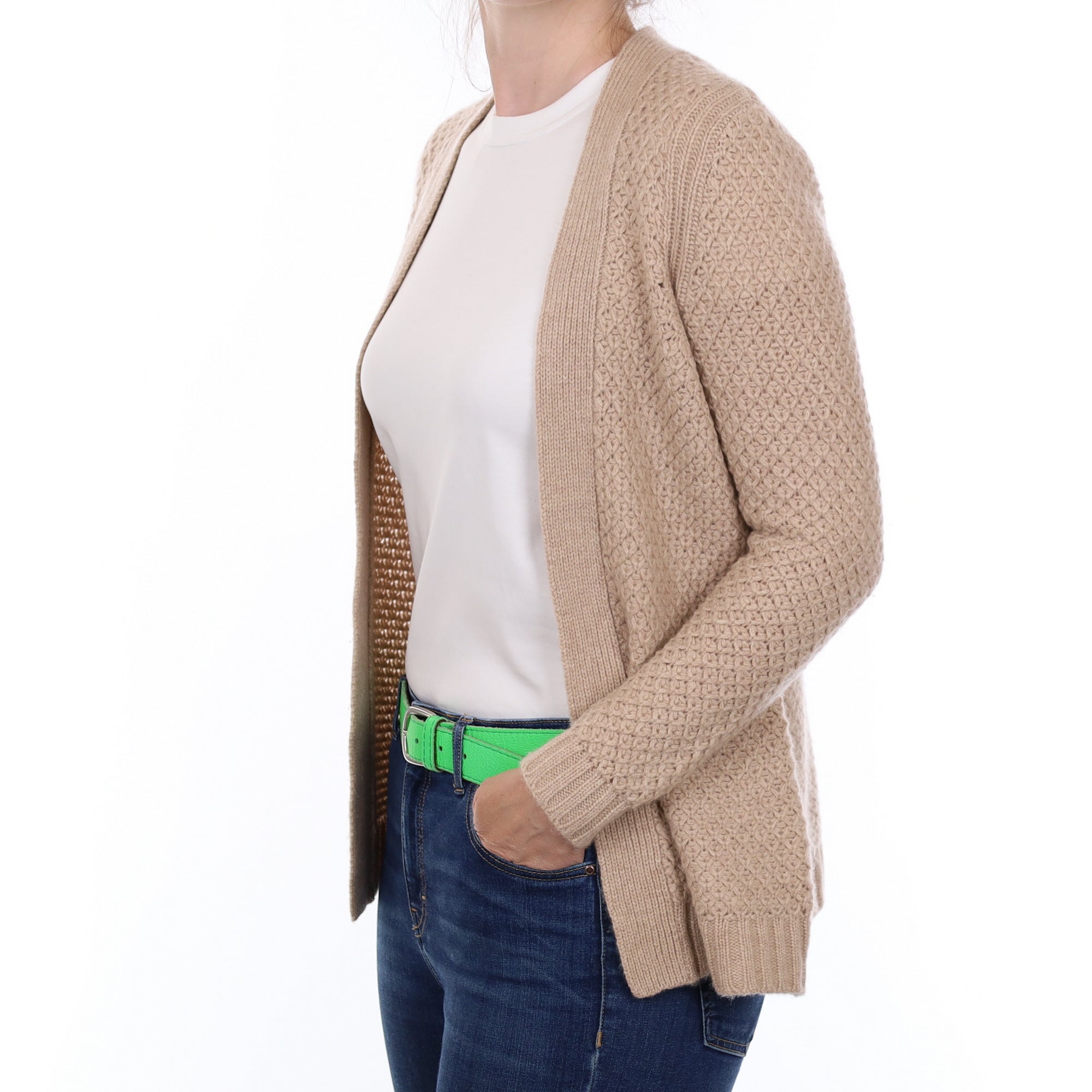 Fawn Textured Cashmere Edge to Edge Cardigan Small