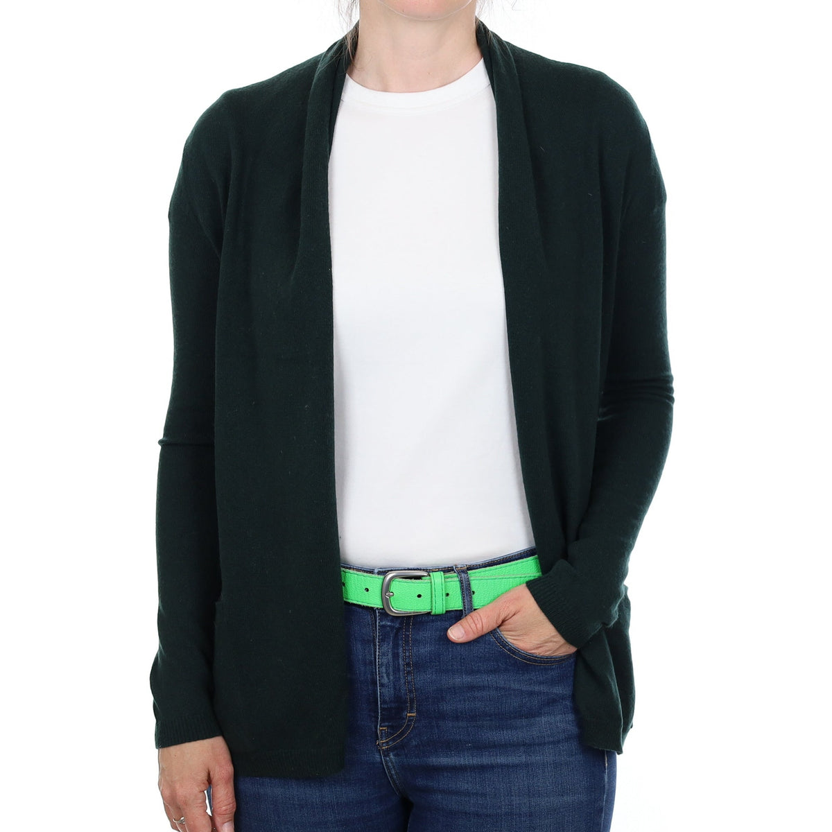 Bottle Green Cashmere Empire Edge to Edge Cardigan with Pockets Small