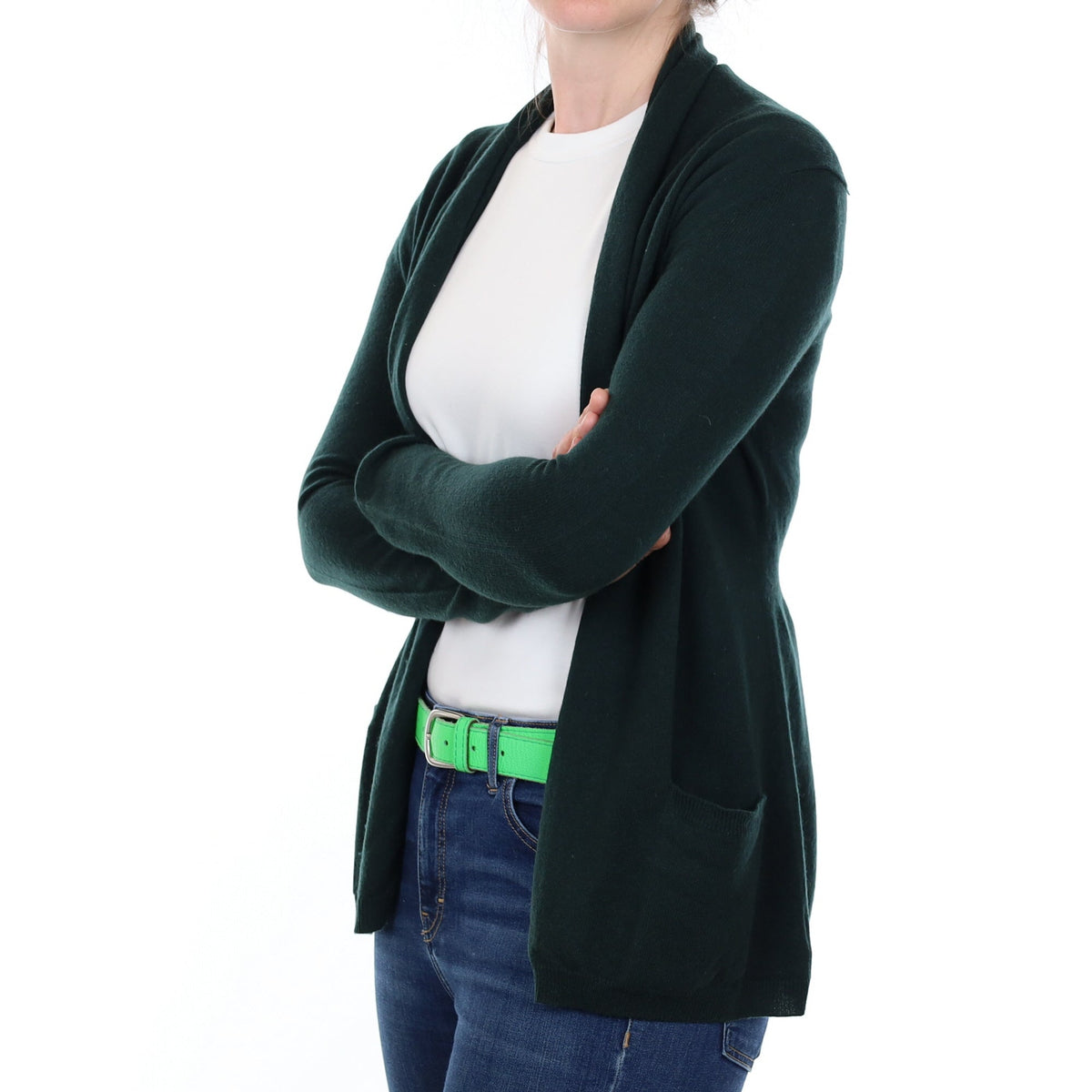 Bottle Green Cashmere Empire Edge to Edge Cardigan with Pockets Small