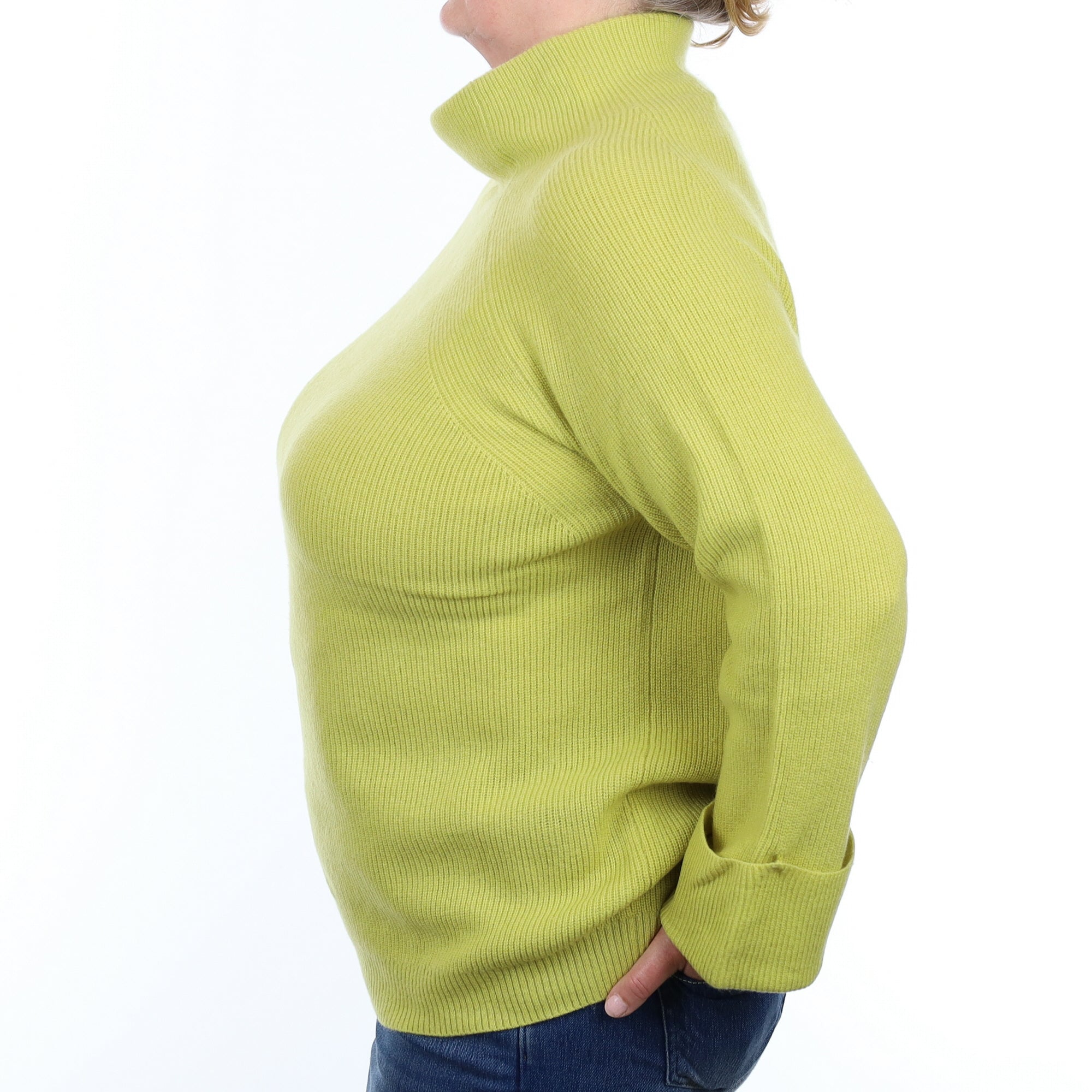 Chartreuse Ribbed Cashmere Funnel Neck Jumper Extra Large