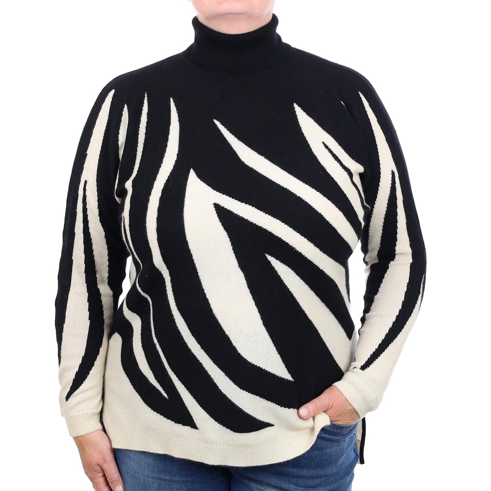 Monochrome Patterned Cashmere Batwing Polo Neck Jumper Extra Large