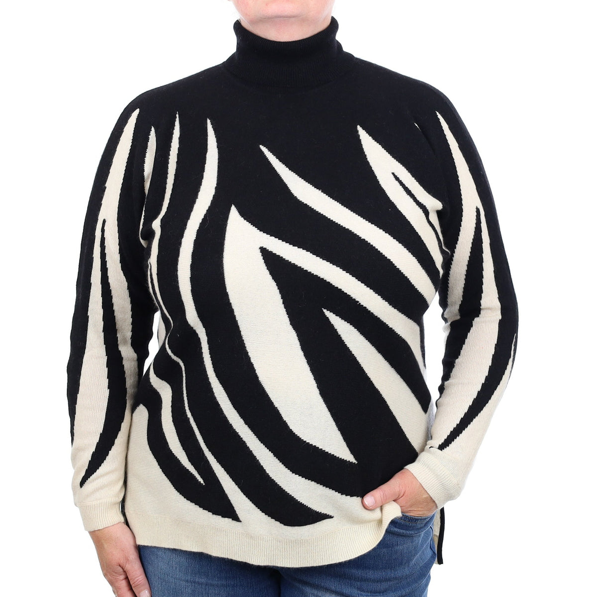 Monochrome Patterned Cashmere Batwing Polo Neck Jumper Extra Large