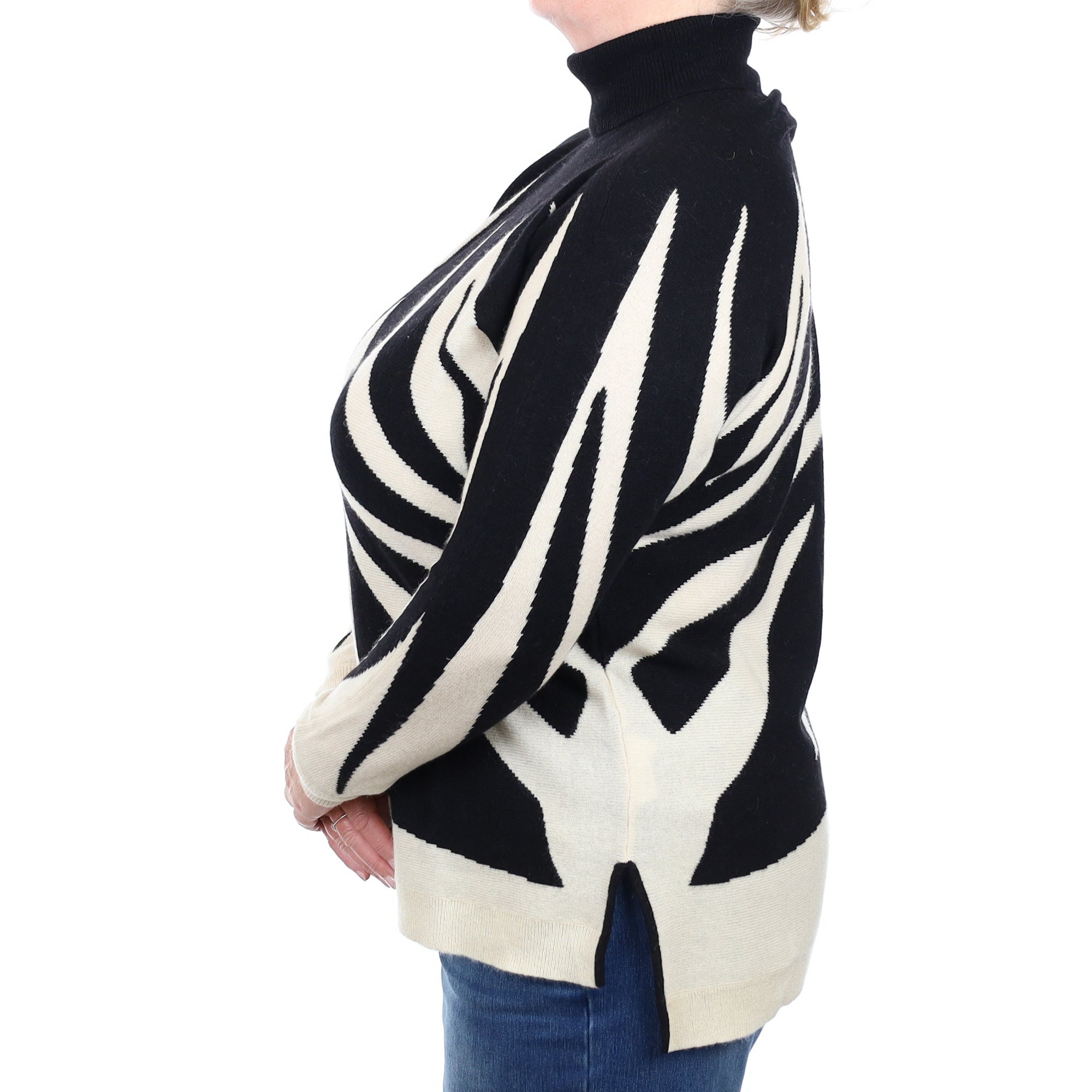 Monochrome Patterned Cashmere Batwing Polo Neck Jumper Extra Large