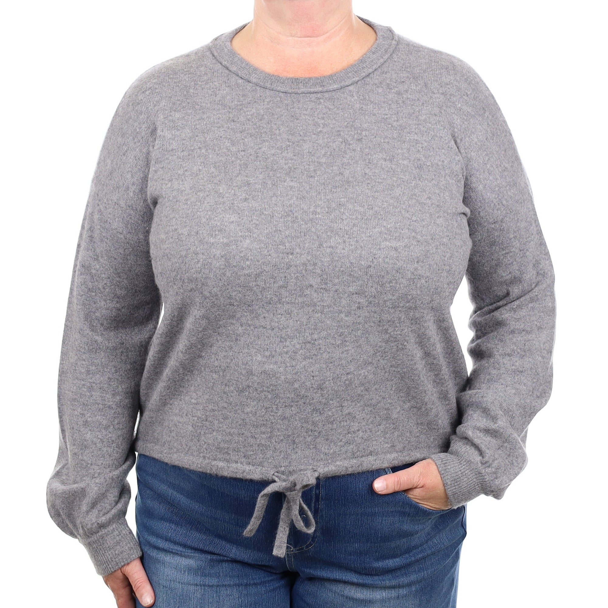 Steel Grey Cashmere Crew Neck Jumper with Drawstring Hem Extra Large