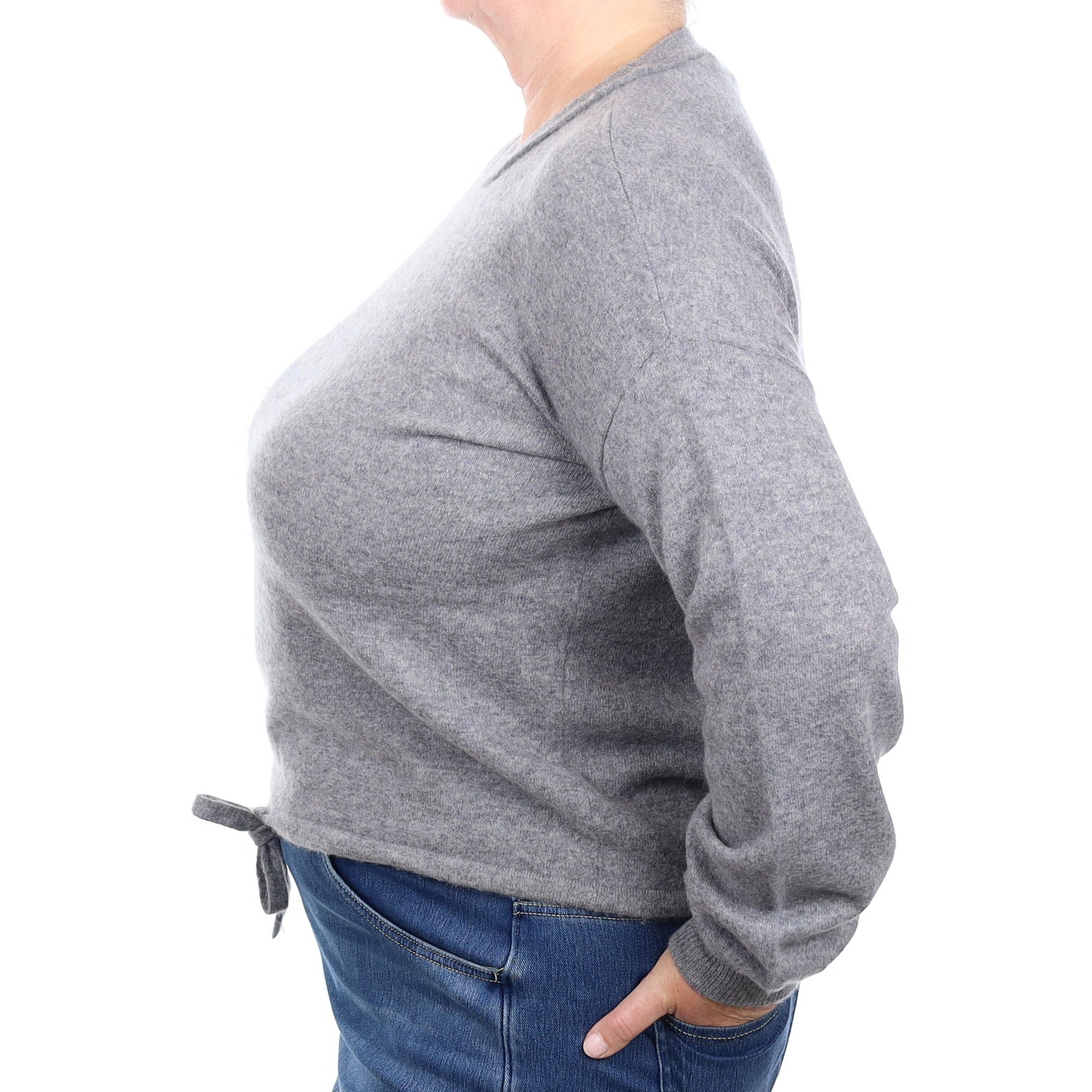 Steel Grey Cashmere Crew Neck Jumper with Drawstring Hem Extra Large