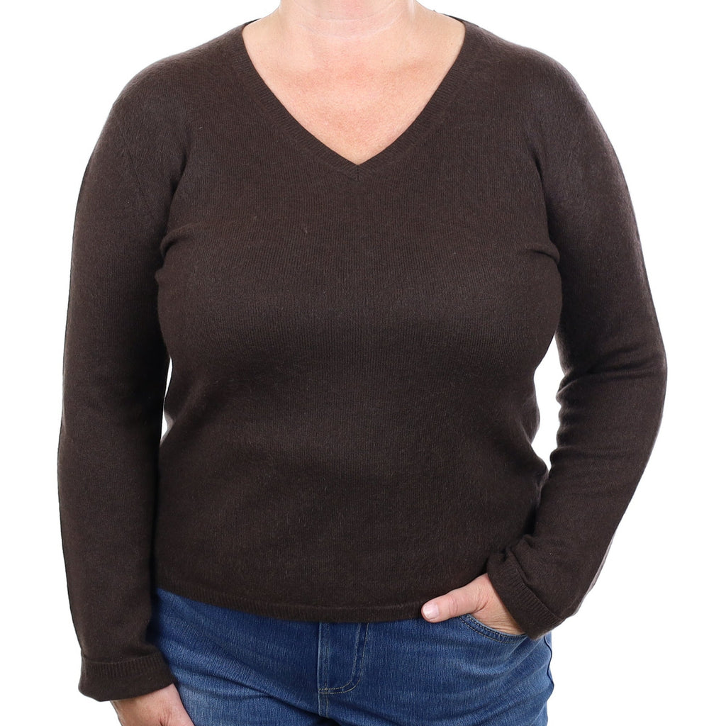 Dark Chocolate Brown Cashmere V Neck Jumper Extra Large