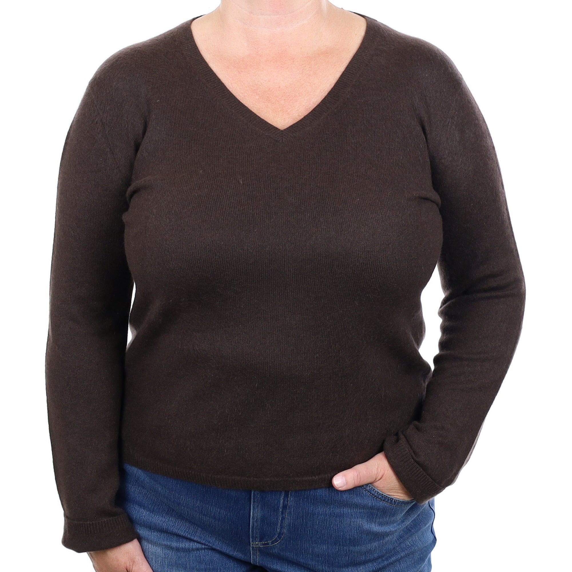 Dark Chocolate Brown Cashmere V Neck Jumper Extra Large