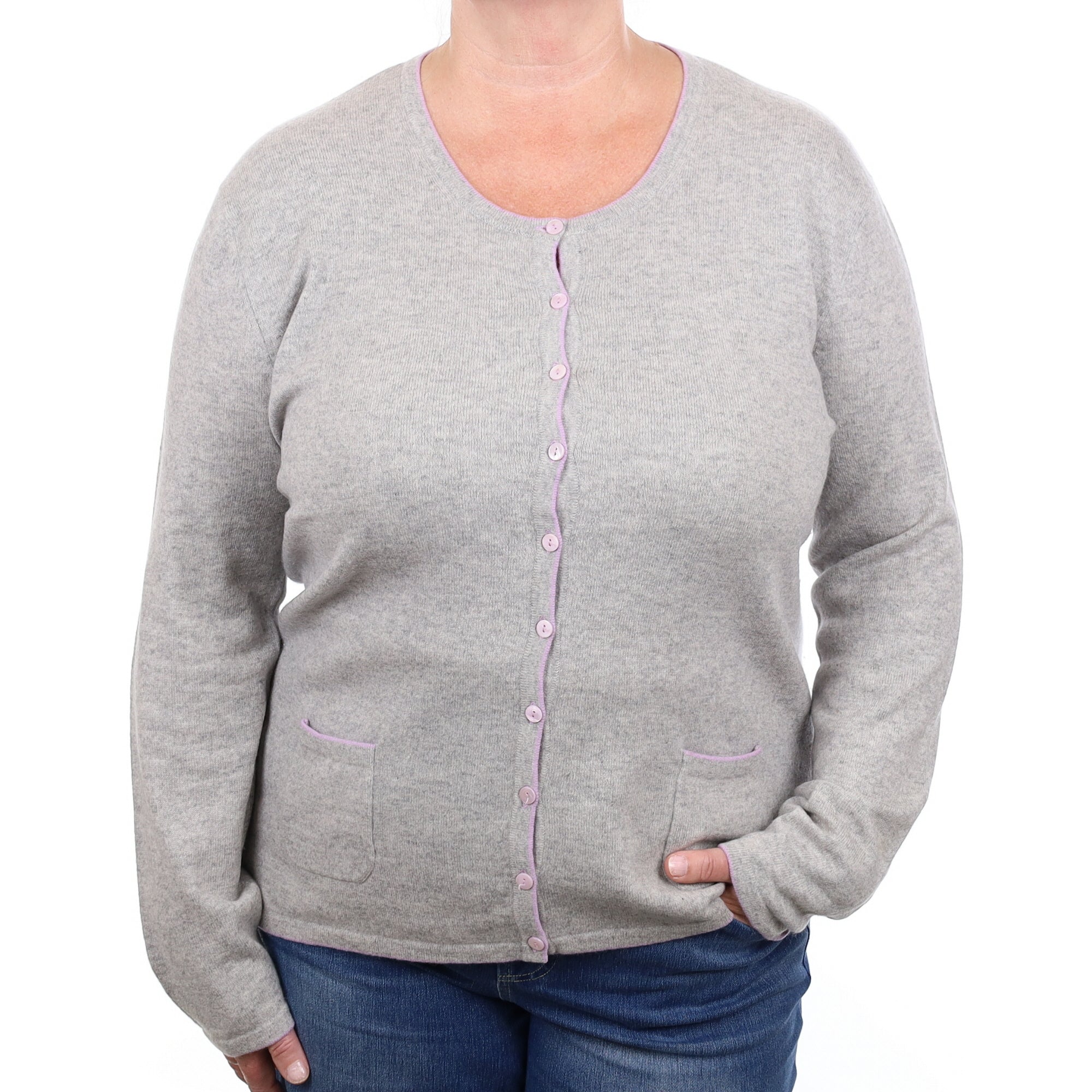 Smoke Grey Lilac Trim Cashmere Cardigan with Pockets Extra Large