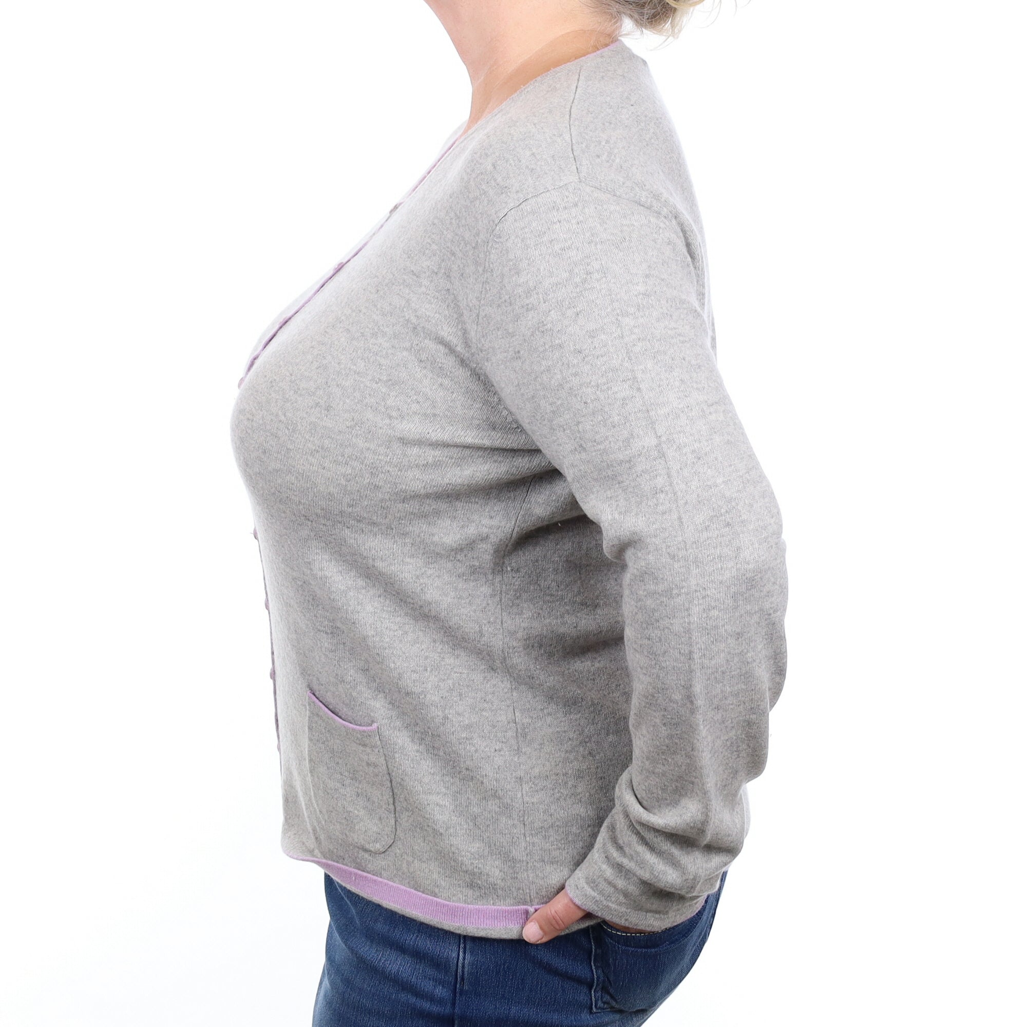 Smoke Grey Lilac Trim Cashmere Cardigan with Pockets Extra Large