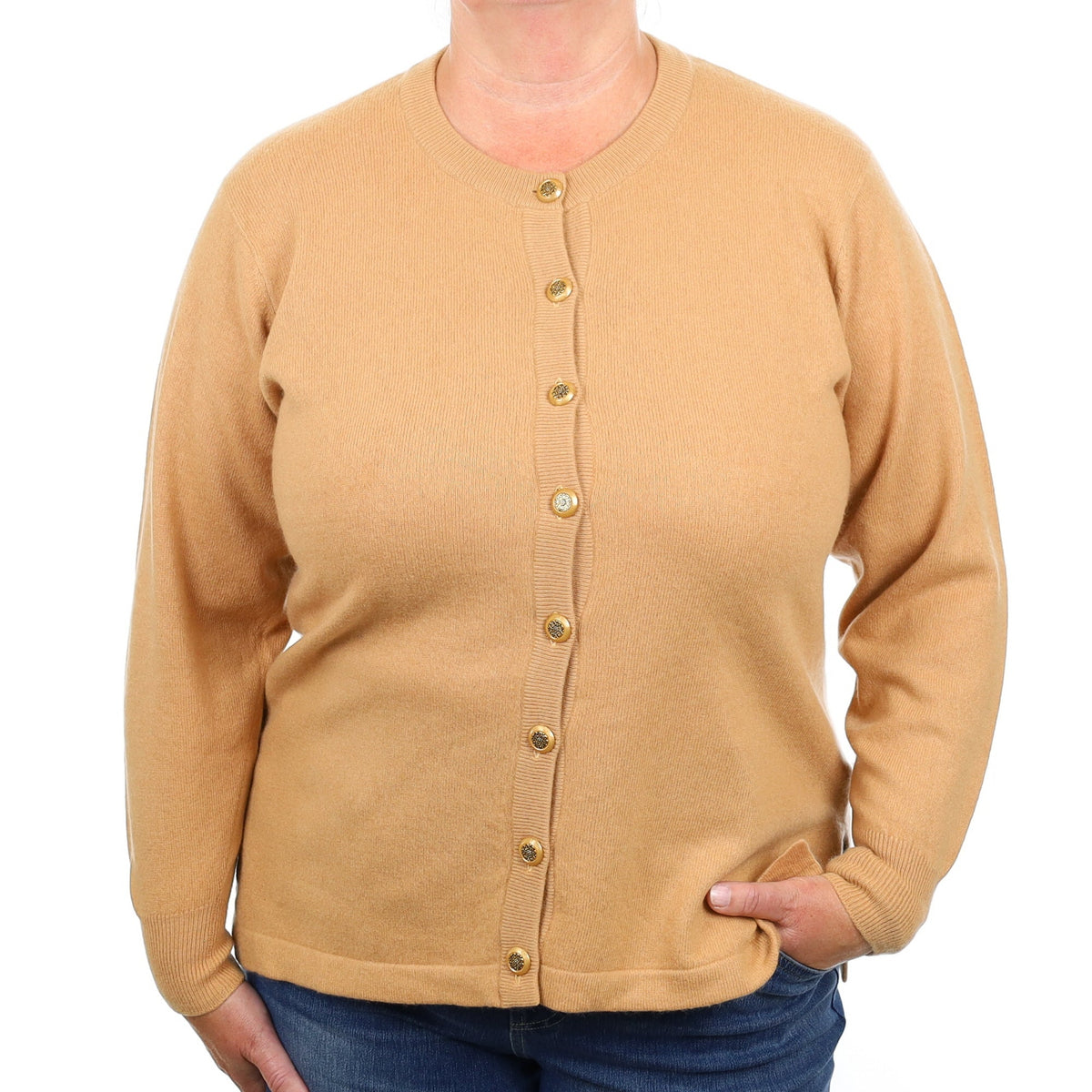 Caramel Brown Cashmere Crew Neck Cardigan Extra Large