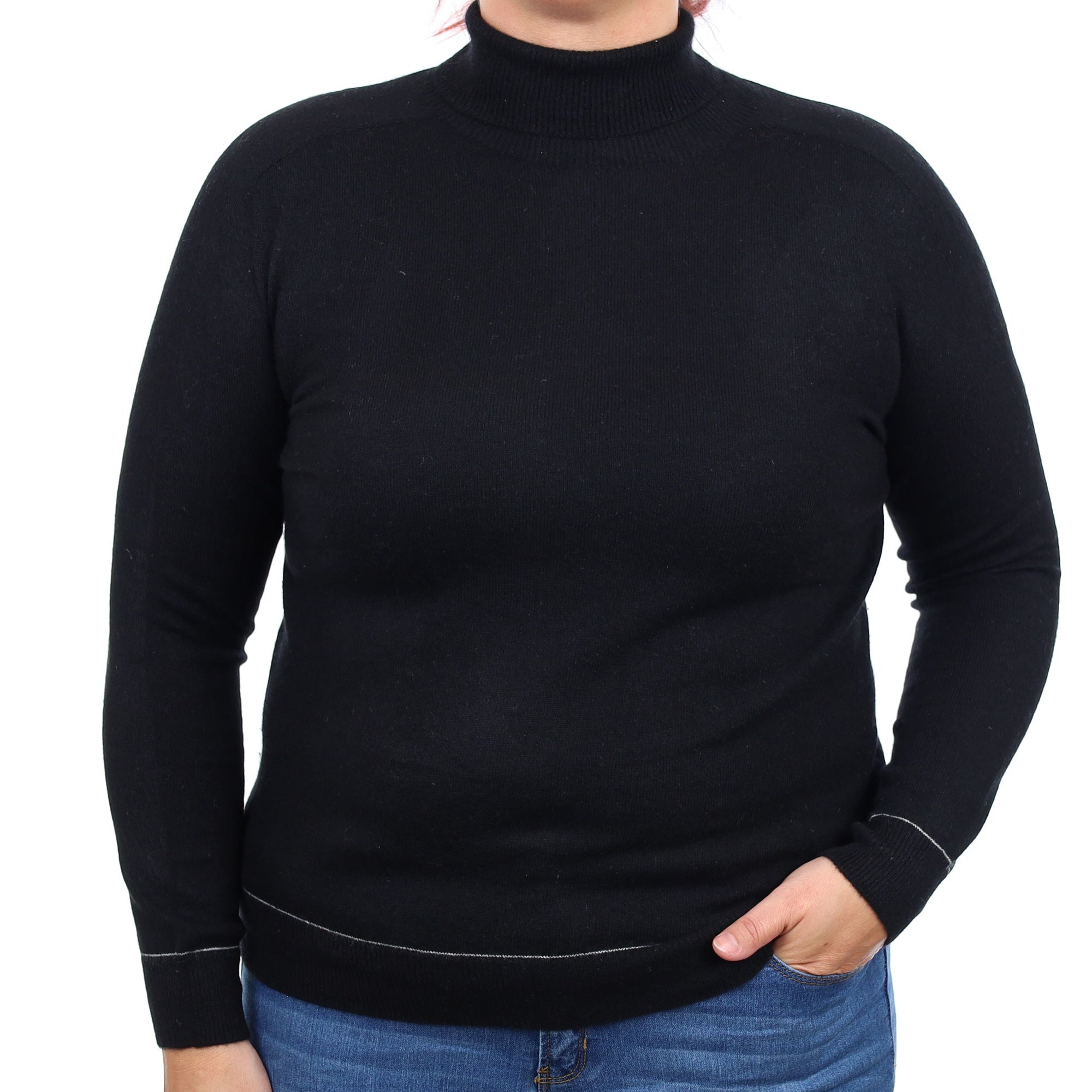 Black White Trim Cashmere Polo Neck Jumper Large