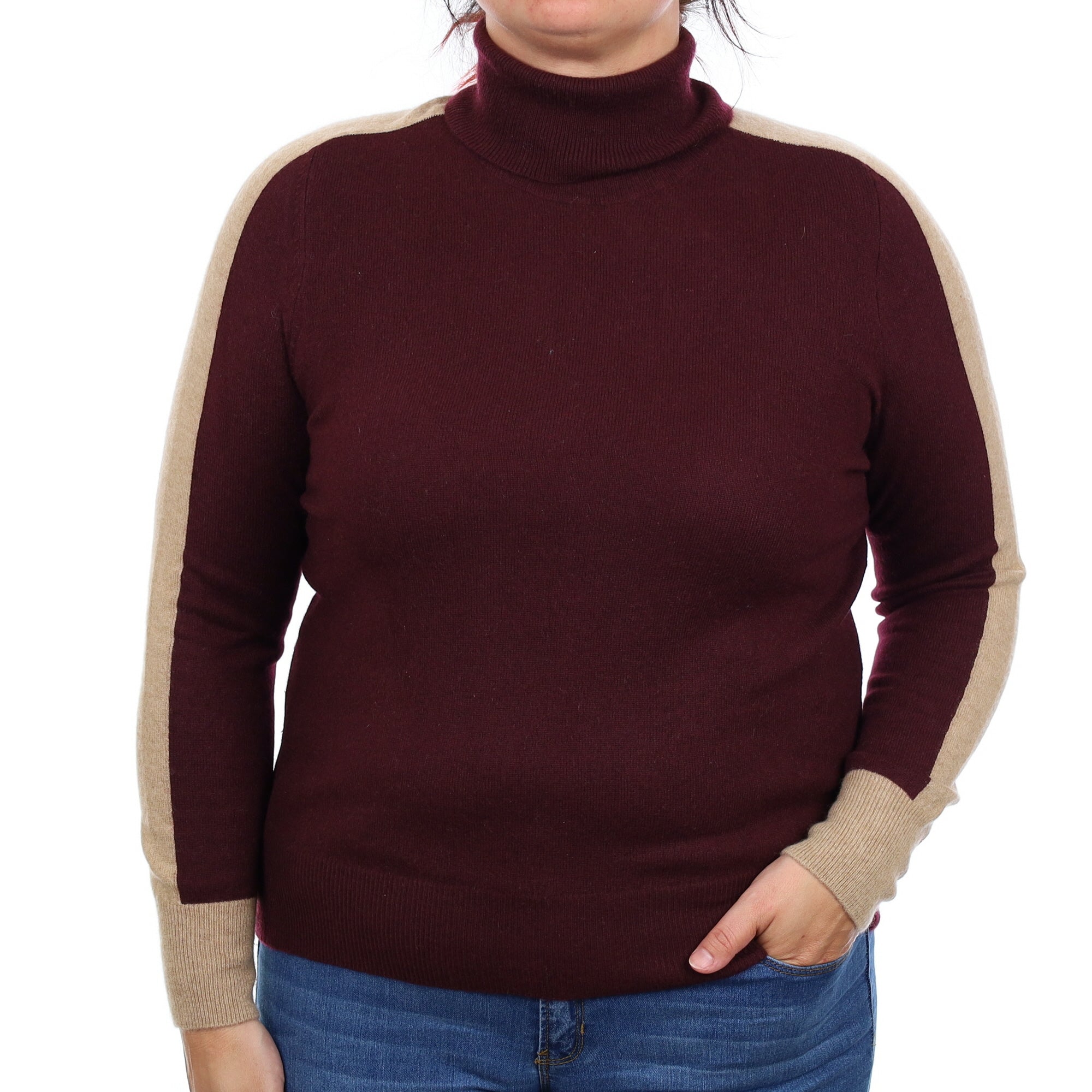 Aubergine and Camel Cashmere Polo Neck Jumper Large