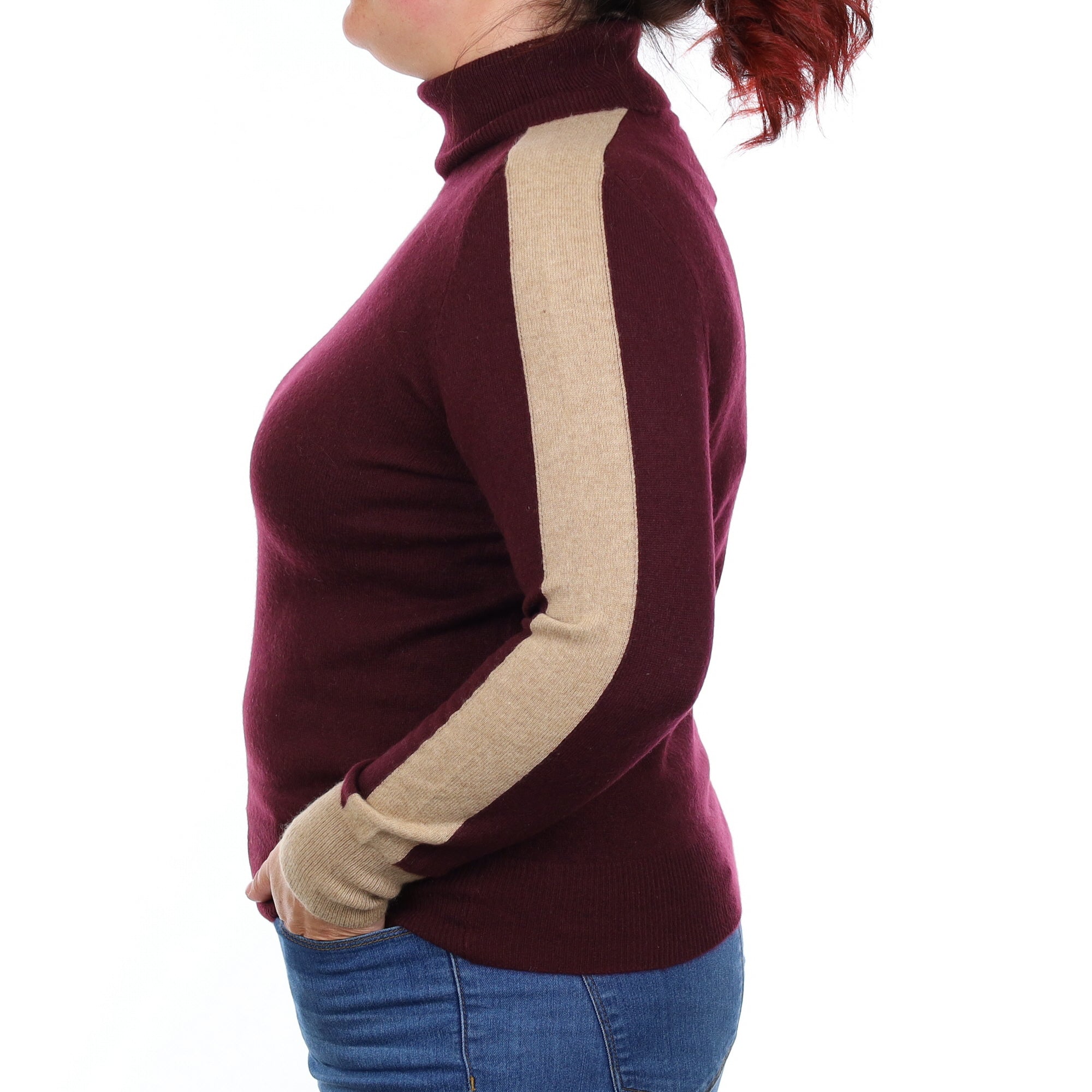 Aubergine and Camel Cashmere Polo Neck Jumper Large