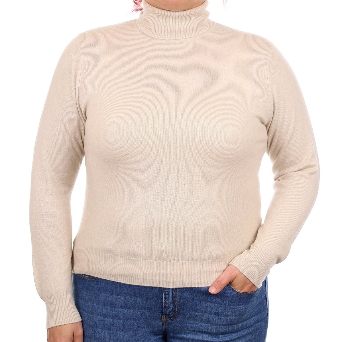 Almond Beige Cashmere Polo Neck Jumper Large