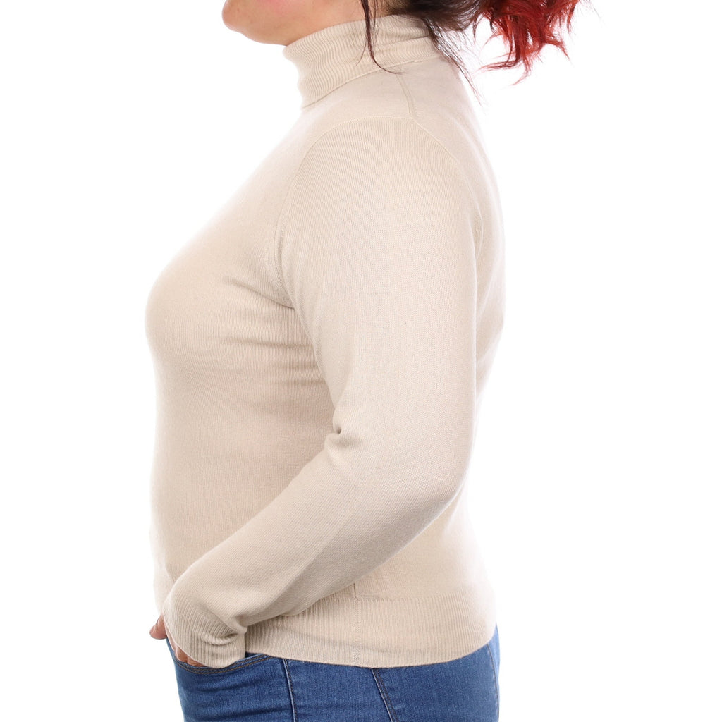 Almond Beige Cashmere Polo Neck Jumper Large