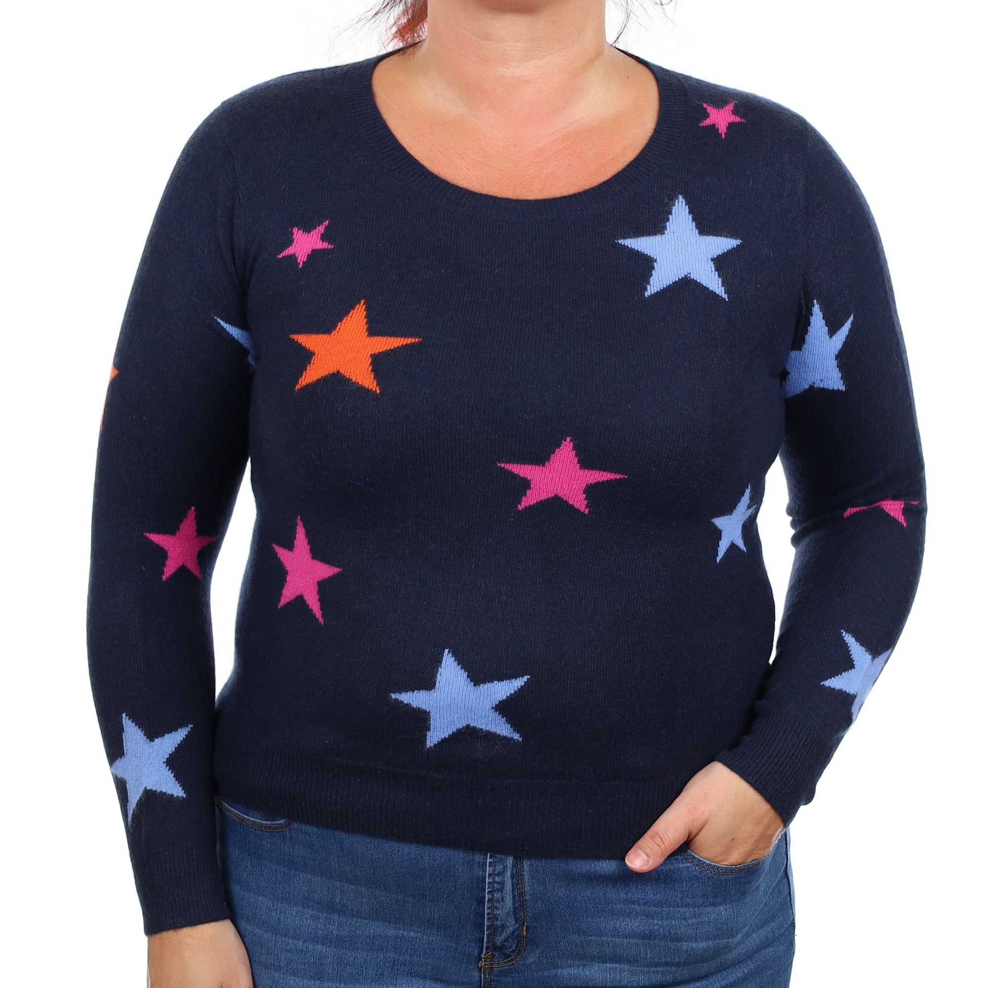 Navy Colourful Star Cashmere Crew Neck Jumper Large