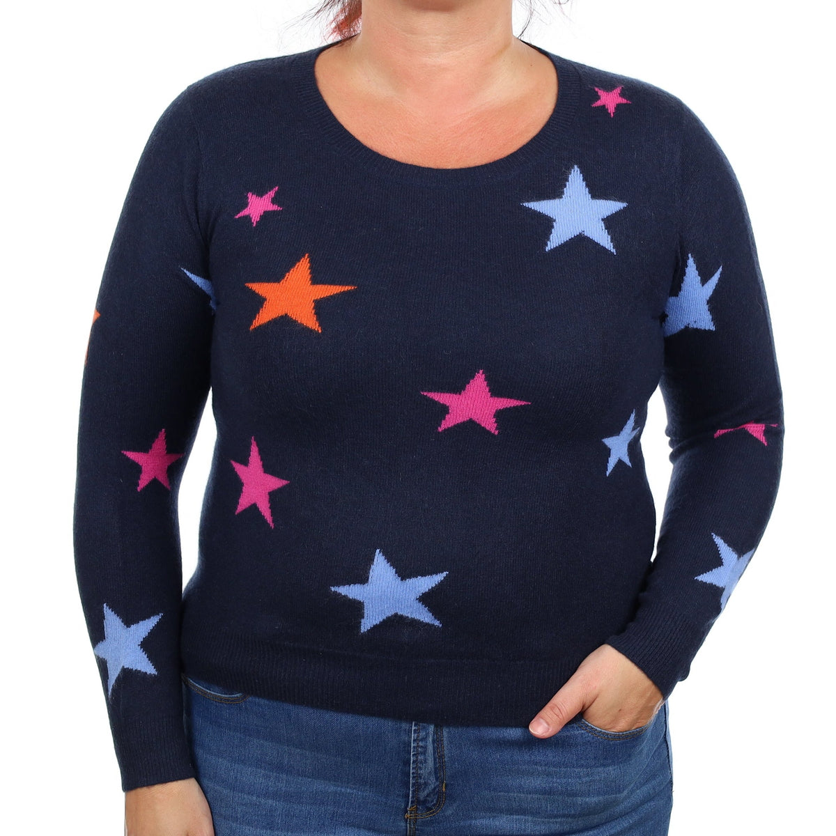 Navy Colourful Star Cashmere Crew Neck Jumper Large