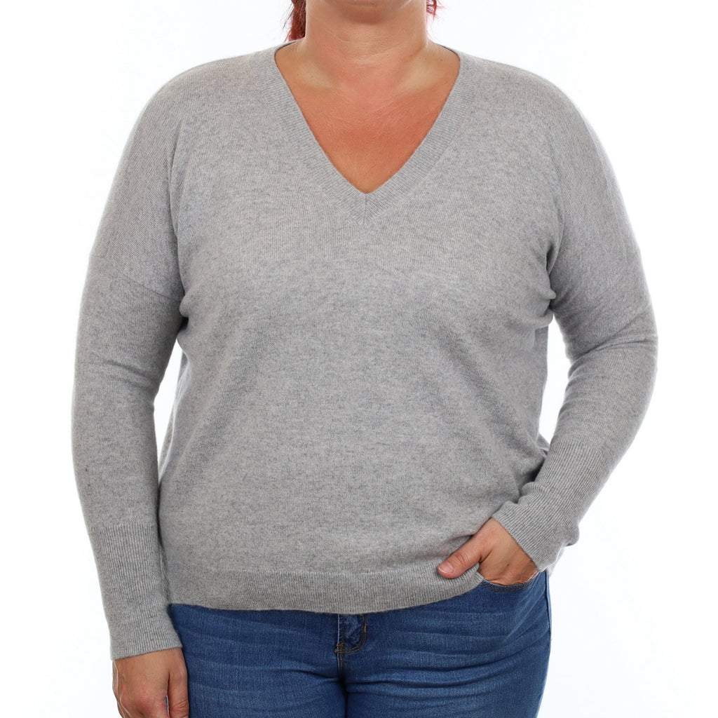 Smoke Grey Boxy Cashmere V Neck Jumper Large