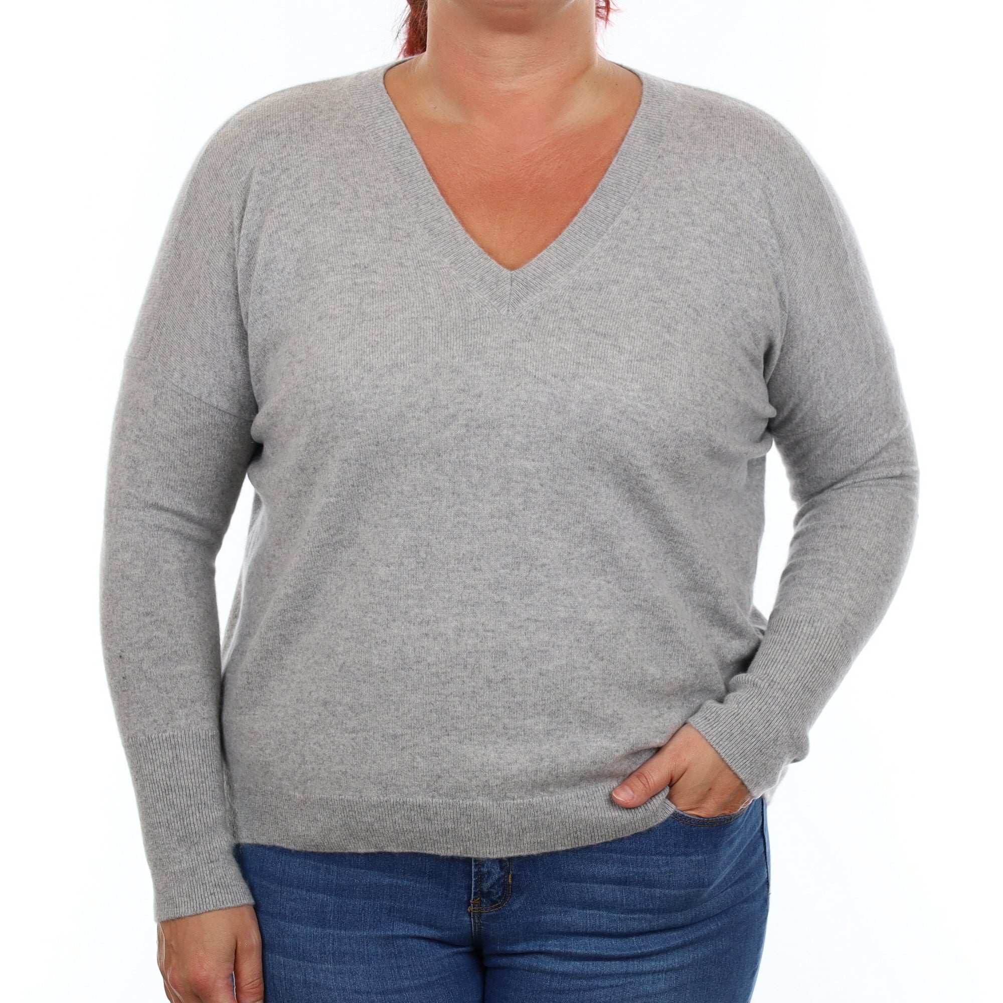 Smoke Grey Boxy Cashmere V Neck Jumper Large