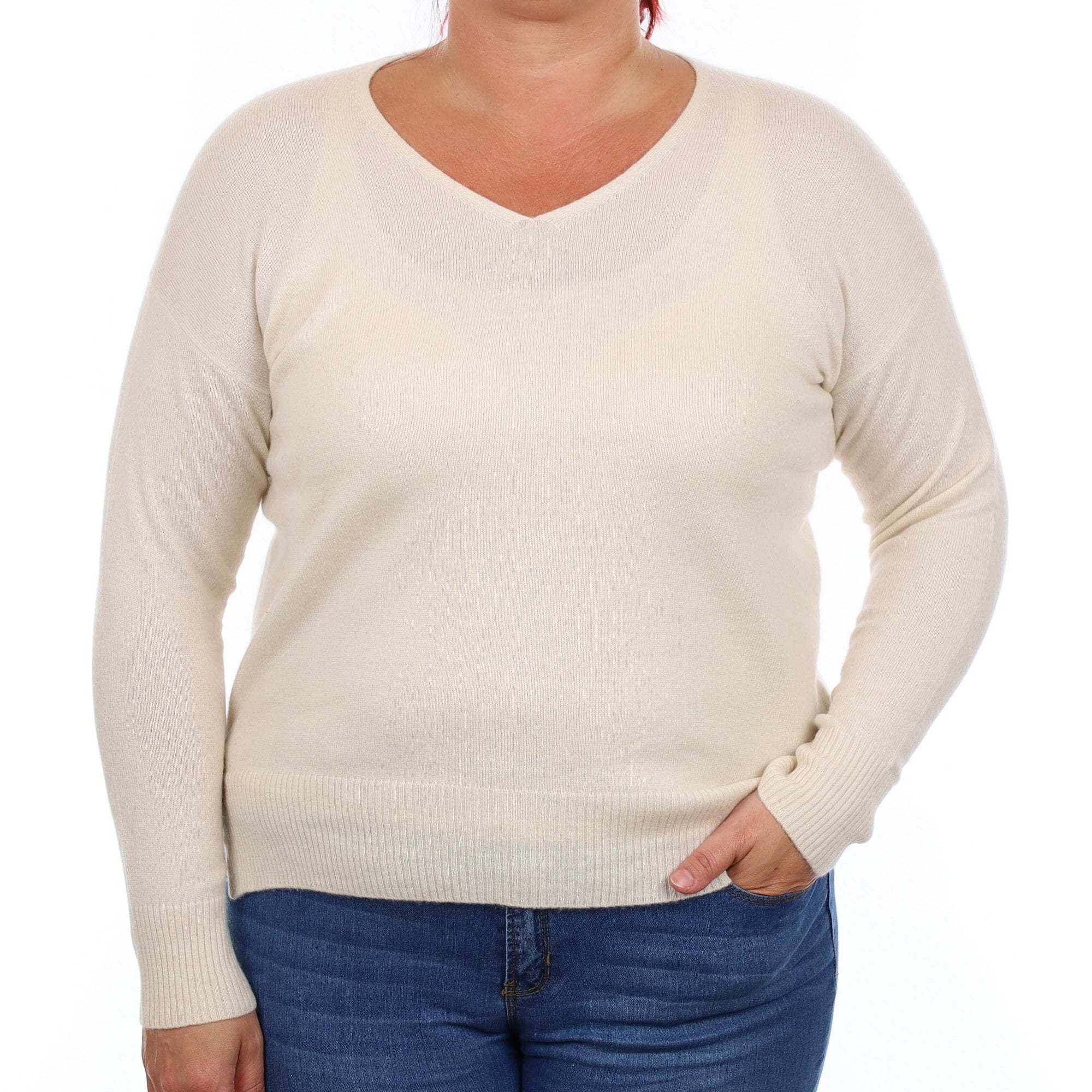 Ivory Cashmere V Neck Jumper Large