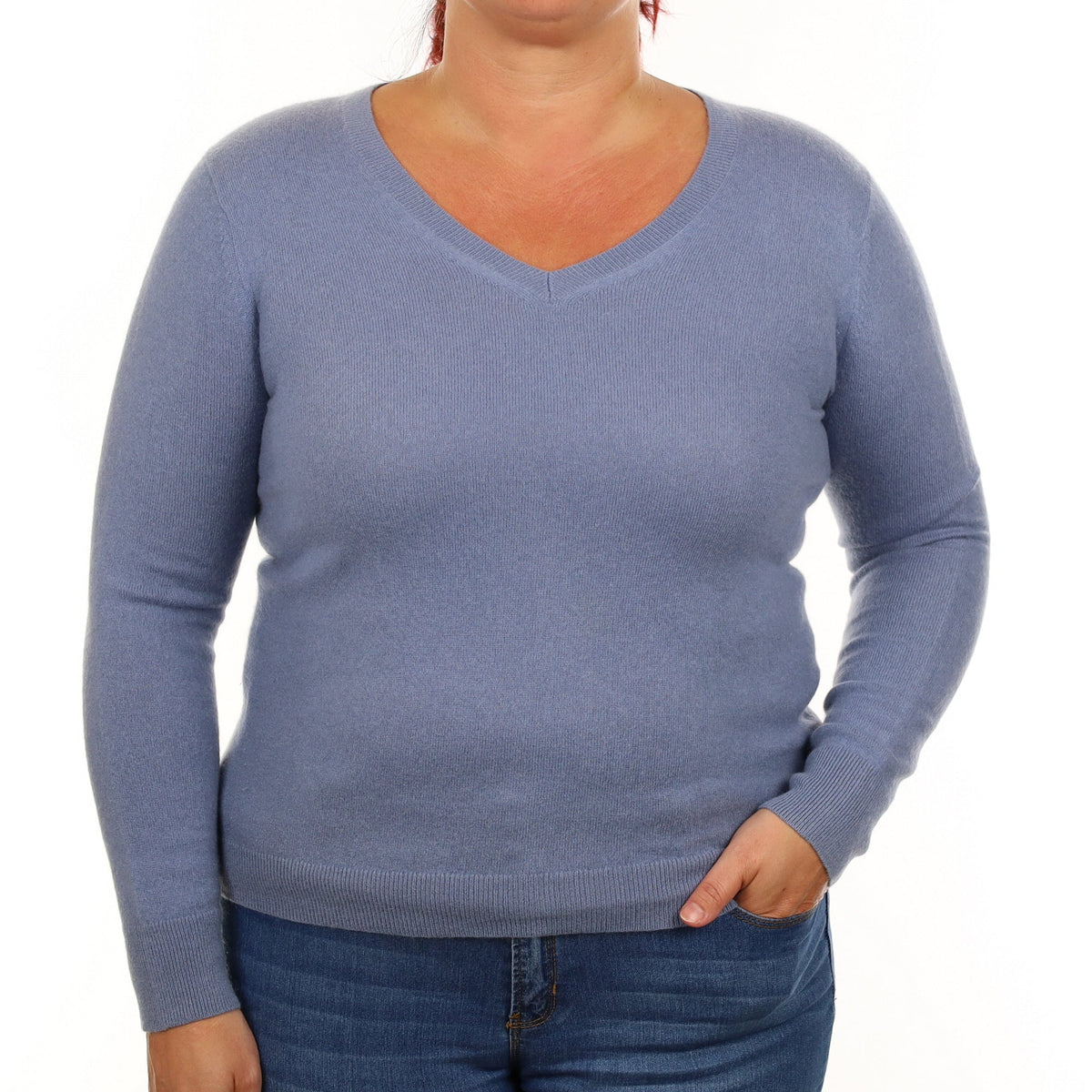 Dusty Blue Cashmere V Neck Jumper Large