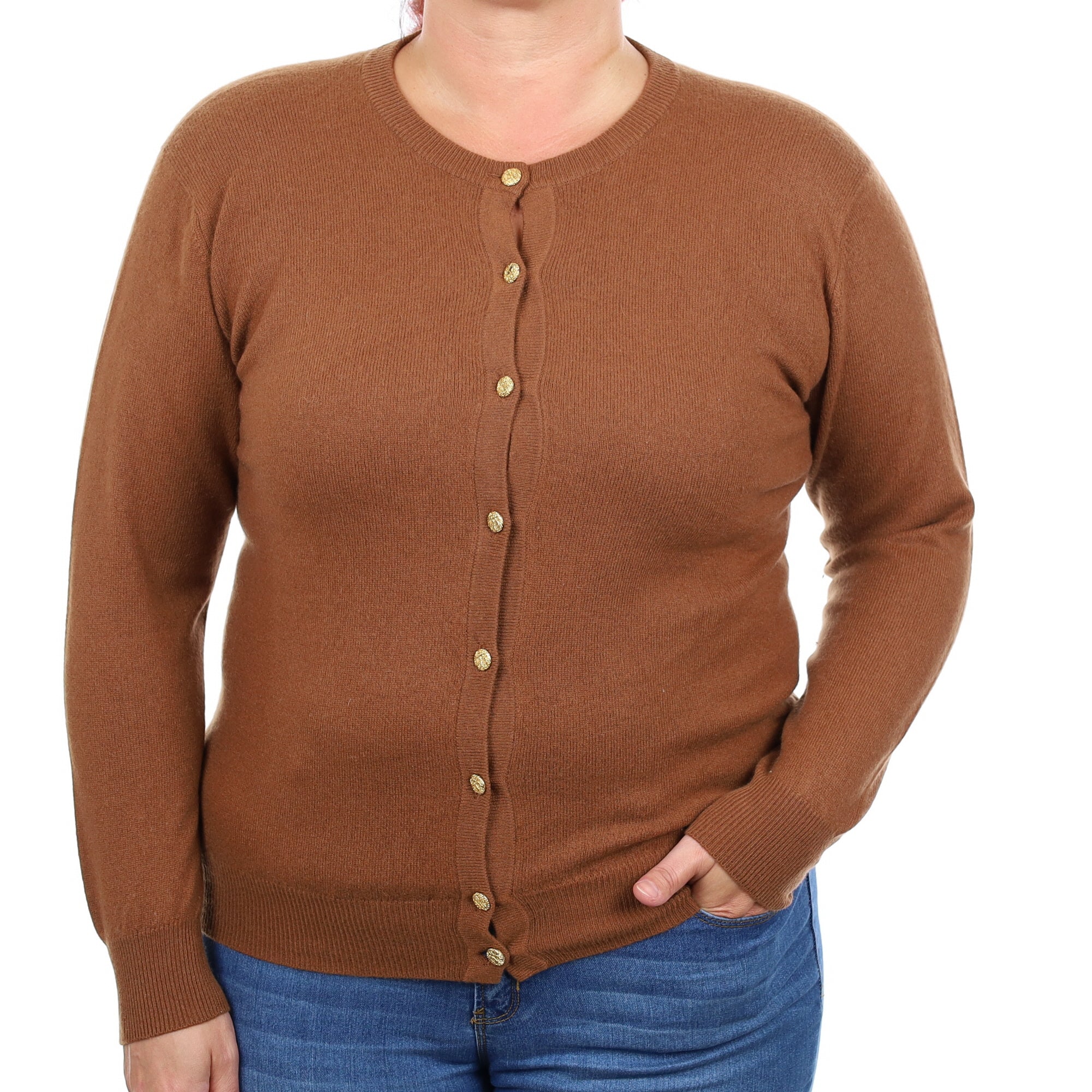 Chestnut Brown Cashmere Crew Neck Cardigan Large