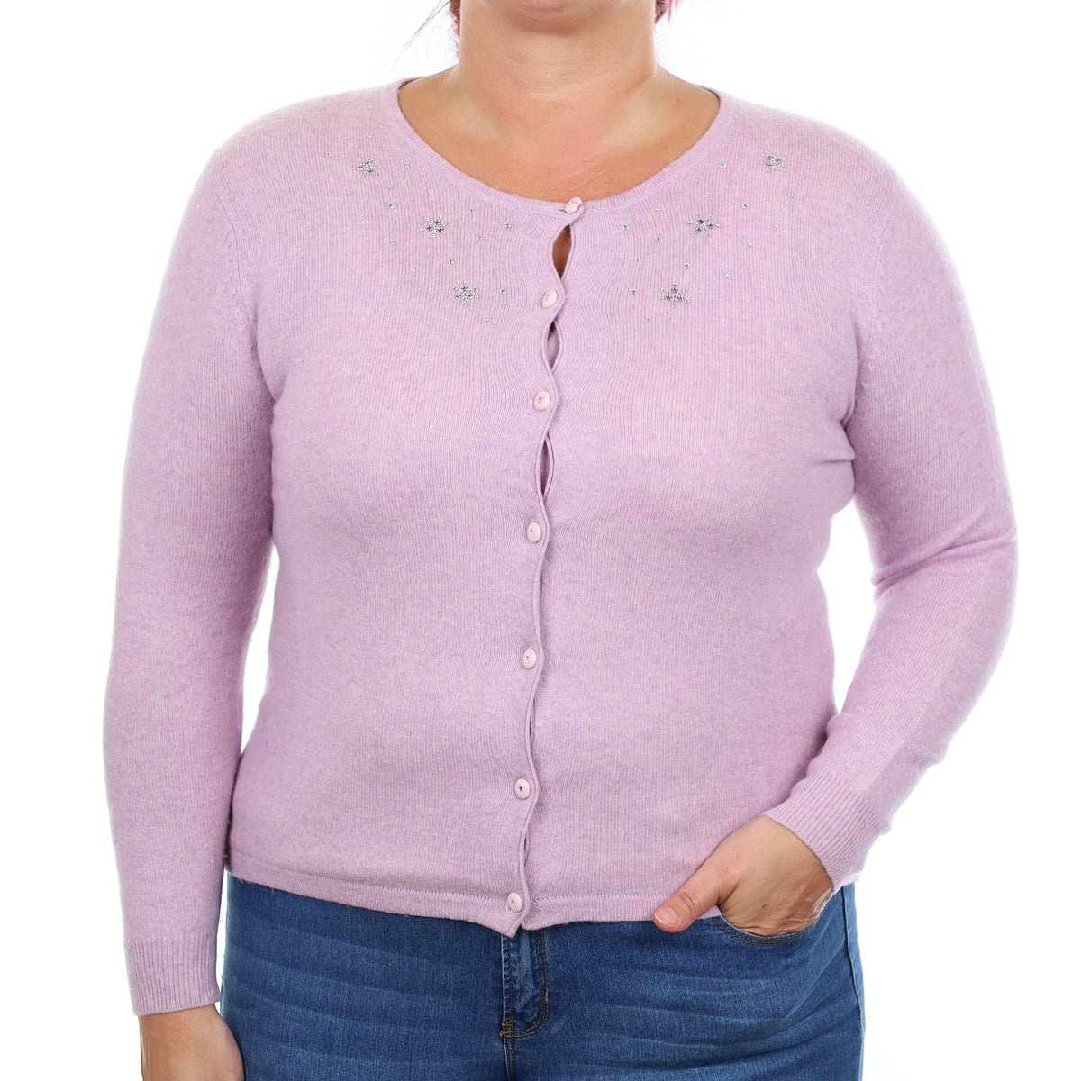 Mauve Purple Diamanté Cashmere Crew Neck Cardigan Large