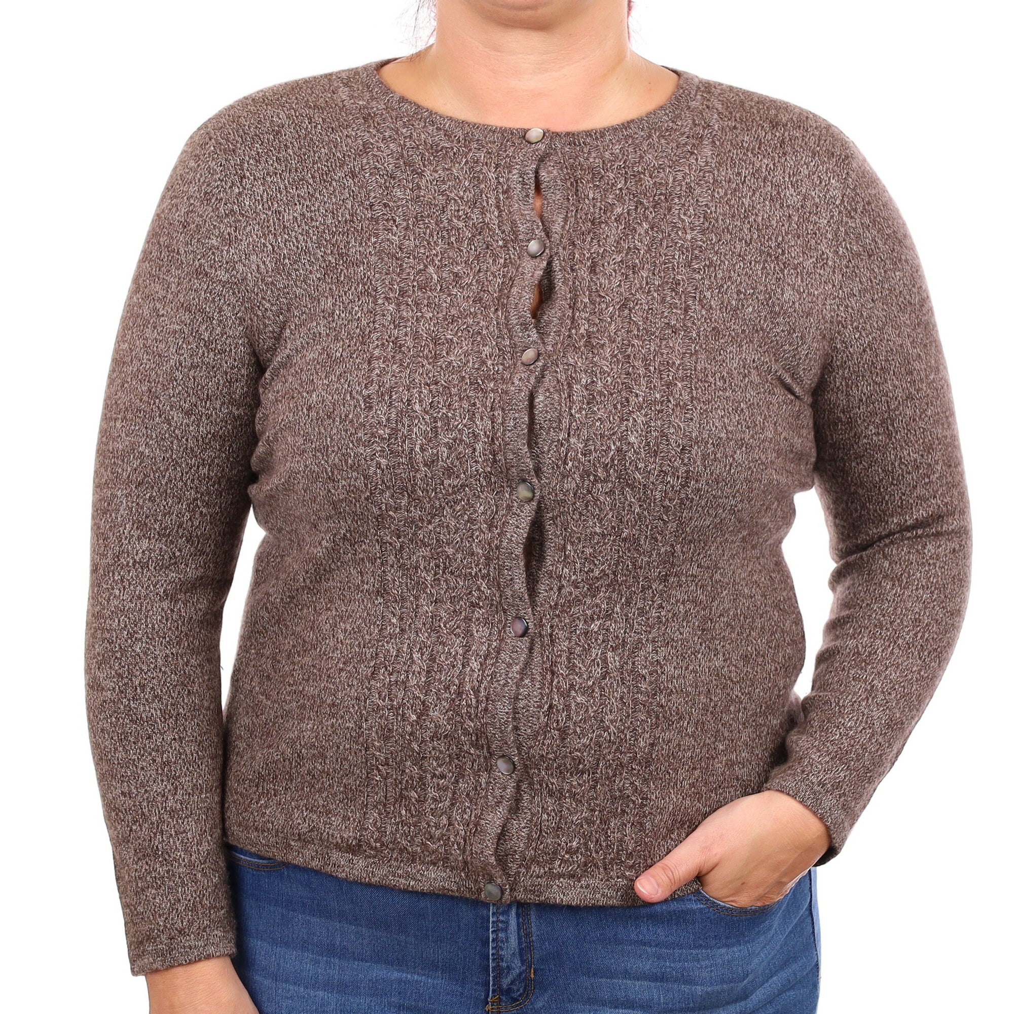 Chocolate and Ivory Marl Cashmere Crew Neck Cardigan Large
