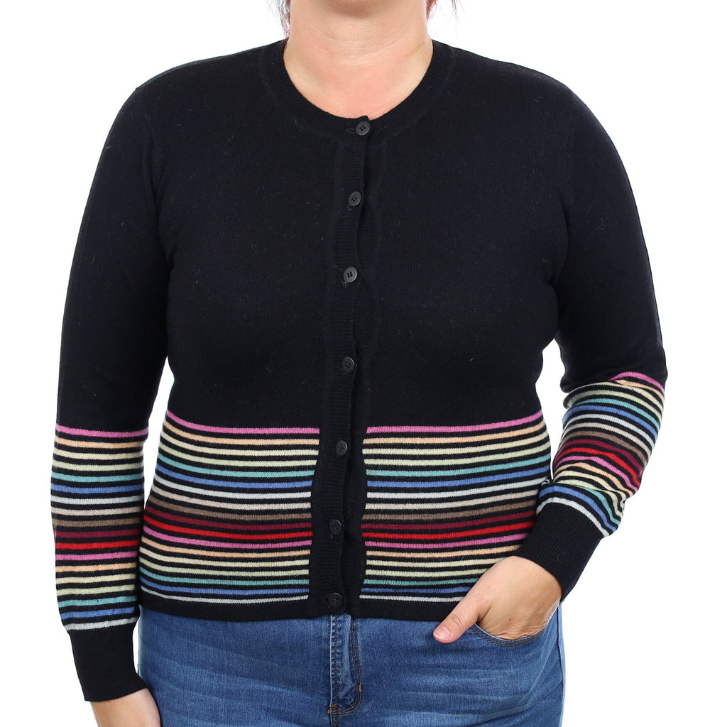 Black Rainbow Stripe Cashmere Crew Neck Cardigan Large