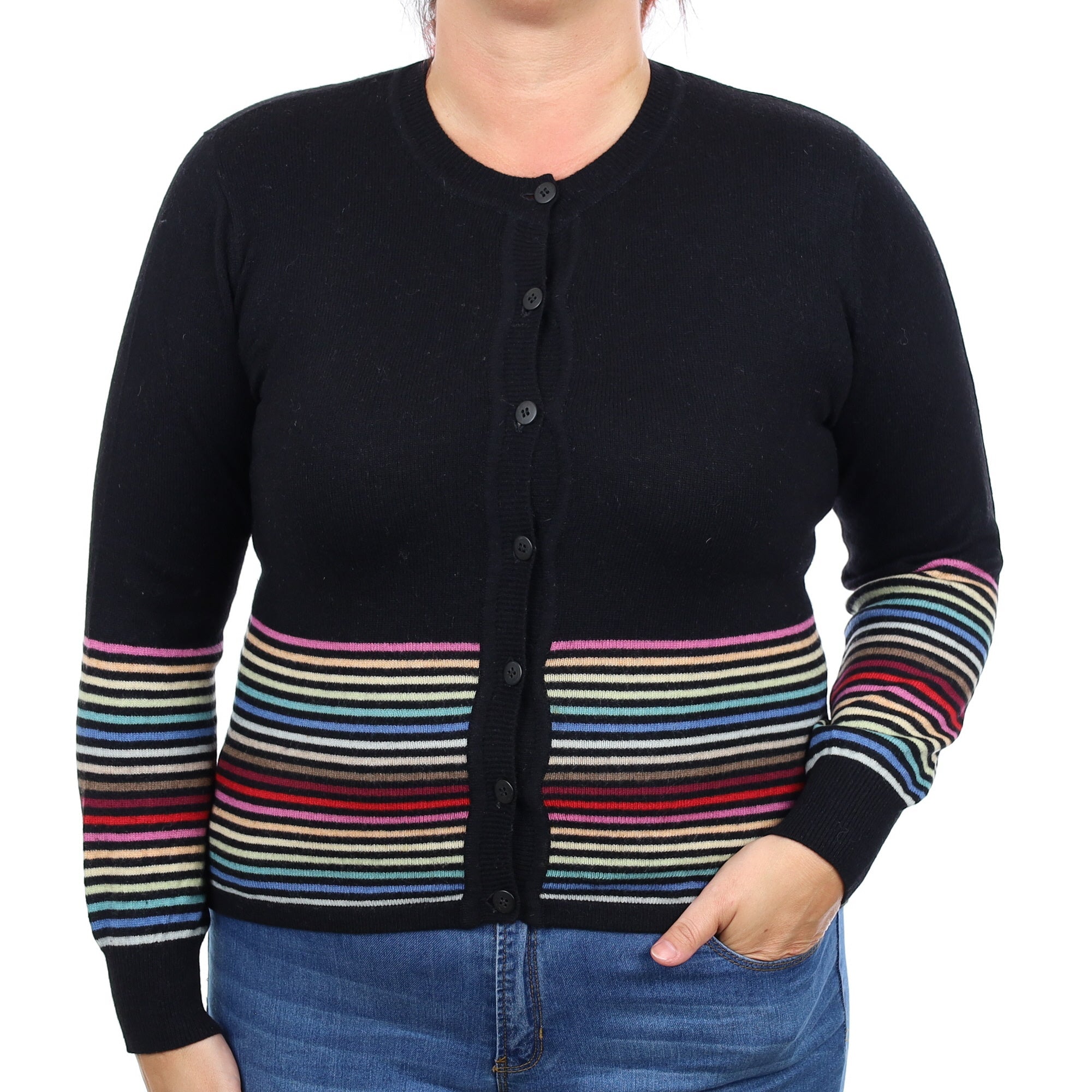Black Rainbow Stripe Cashmere Crew Neck Cardigan Large