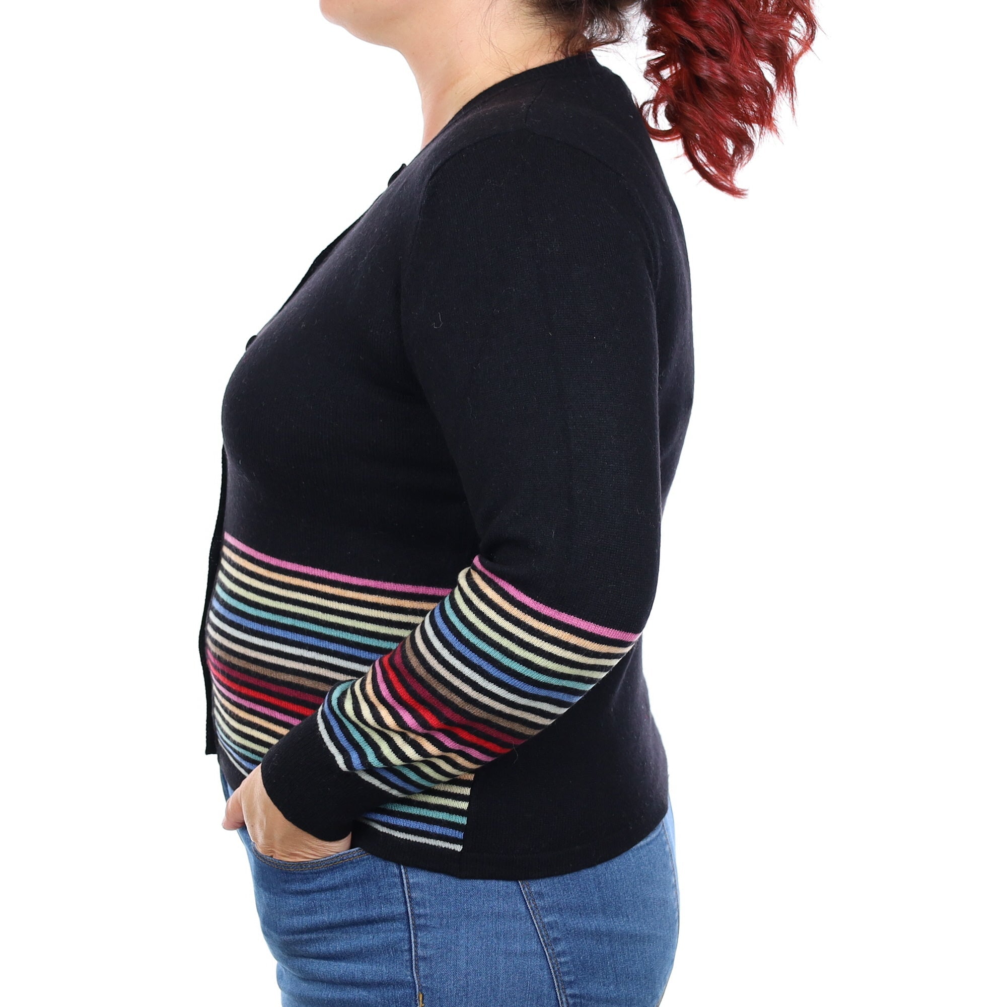 Black Rainbow Stripe Cashmere Crew Neck Cardigan Large