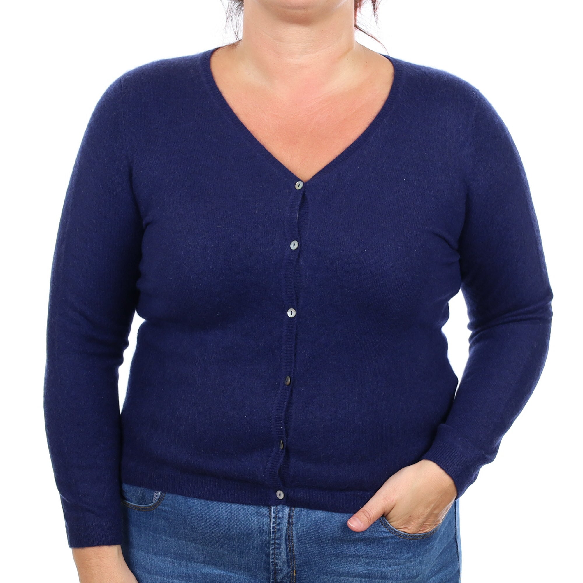French Navy Cashmere V Neck Cardigan Large