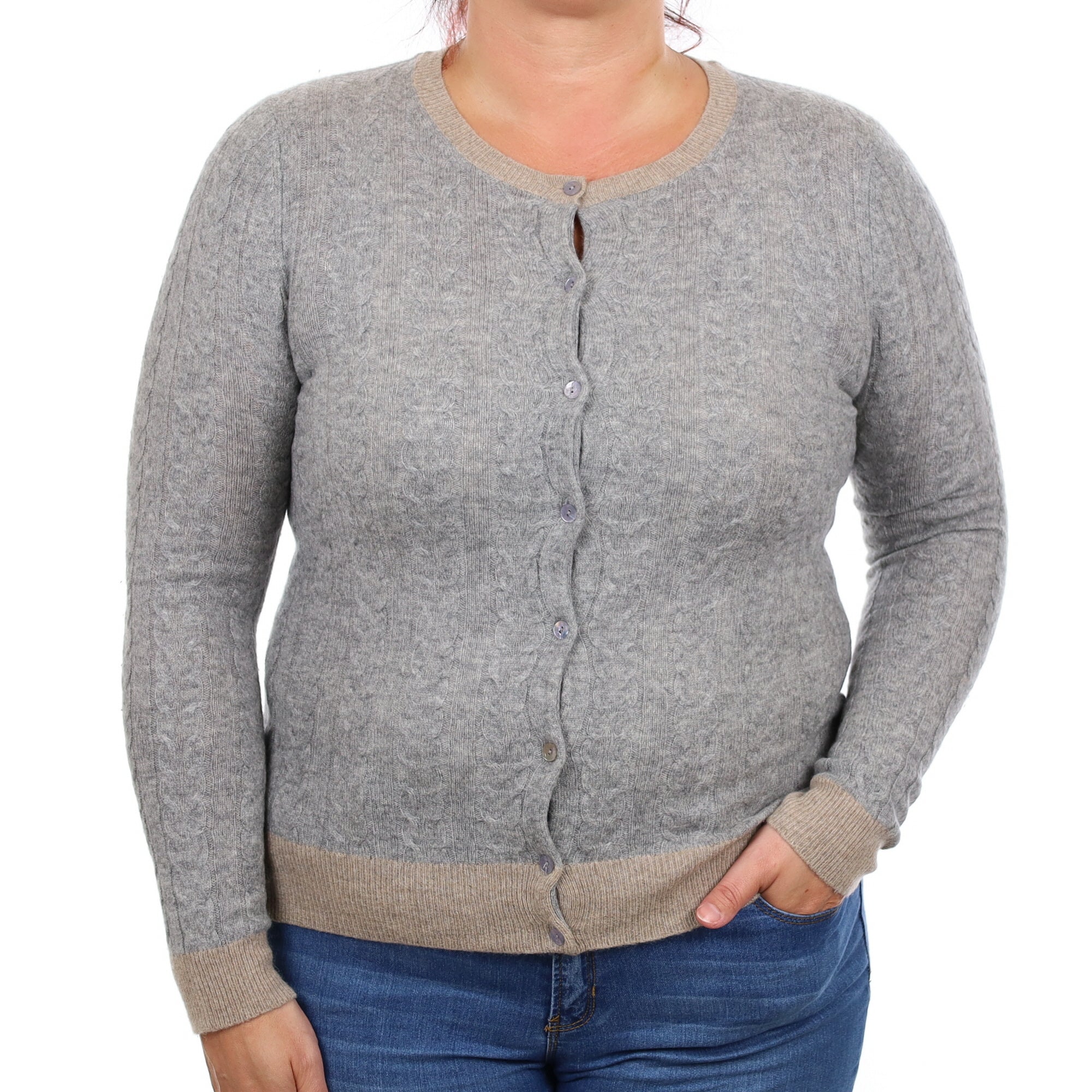 Smoke Grey and Fawn Cable Cashmere Crew Neck Cardigan Large