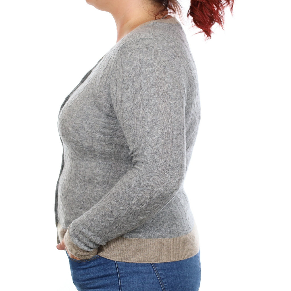 Smoke Grey and Fawn Cable Cashmere Crew Neck Cardigan Large