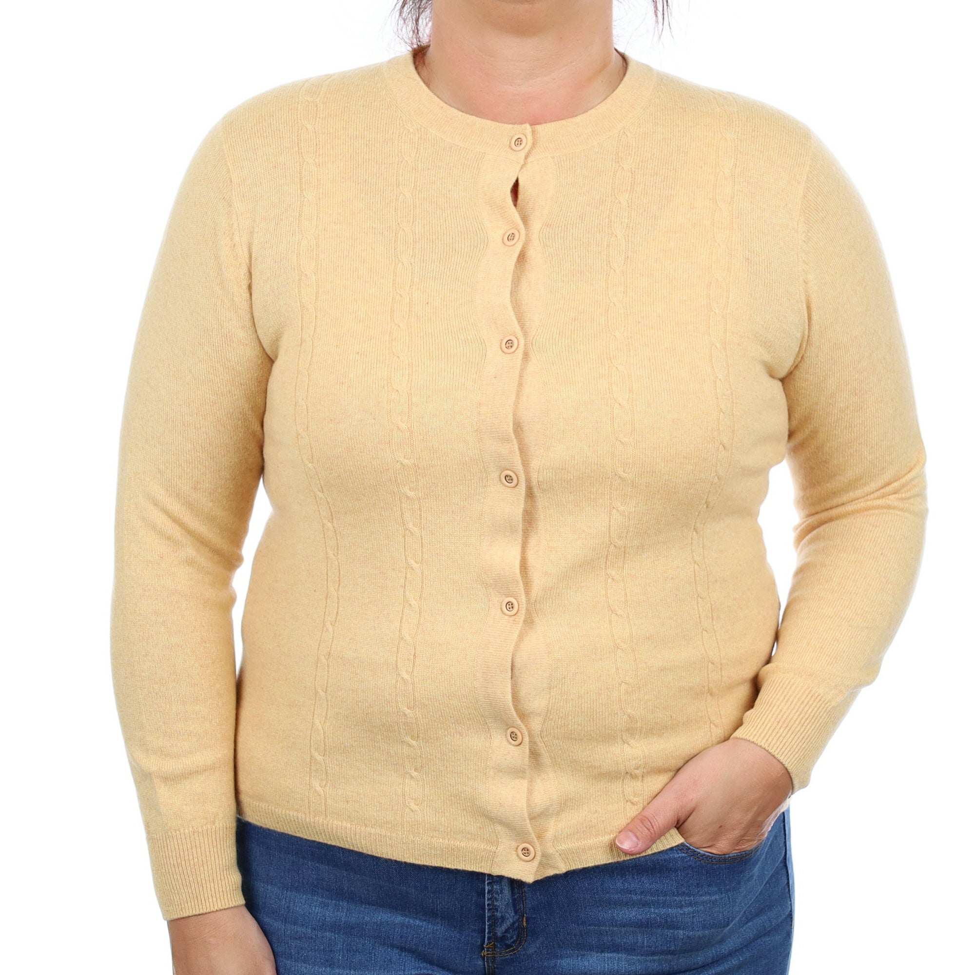 Pale Apricot Cable Detail Cashmere Crew Neck Cardigan Large