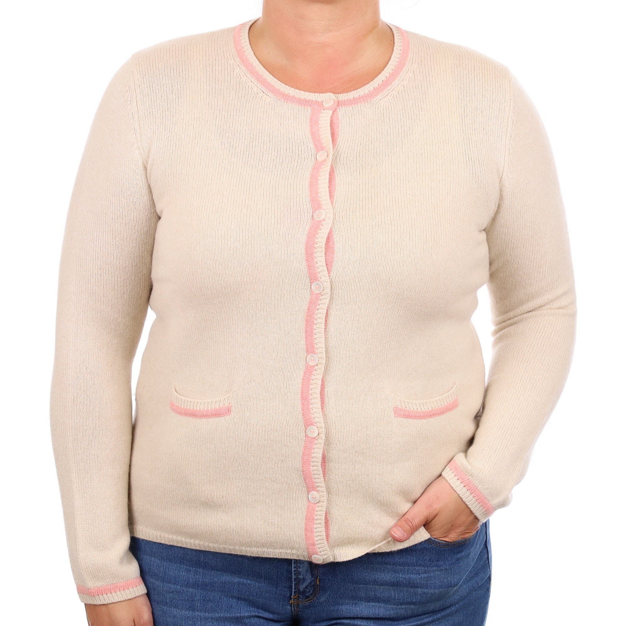 Soft Beige and Pink Trim Cashmere Heavy Knit Crew Neck Cardigan Large