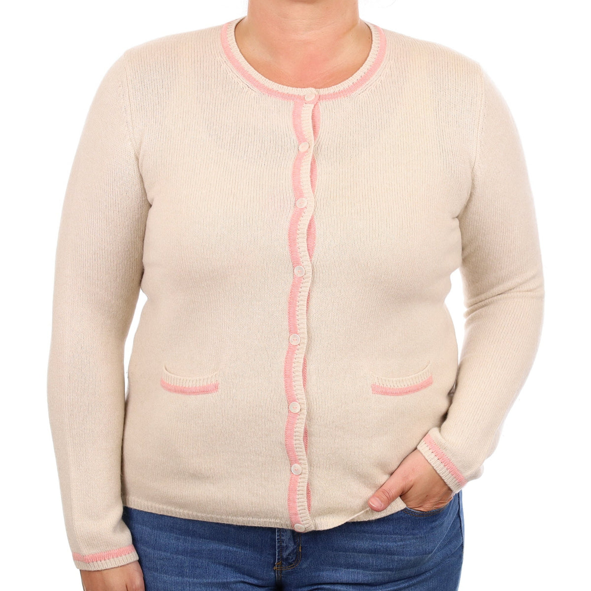 Soft Beige and Pink Trim Cashmere Heavy Knit Crew Neck Cardigan Large