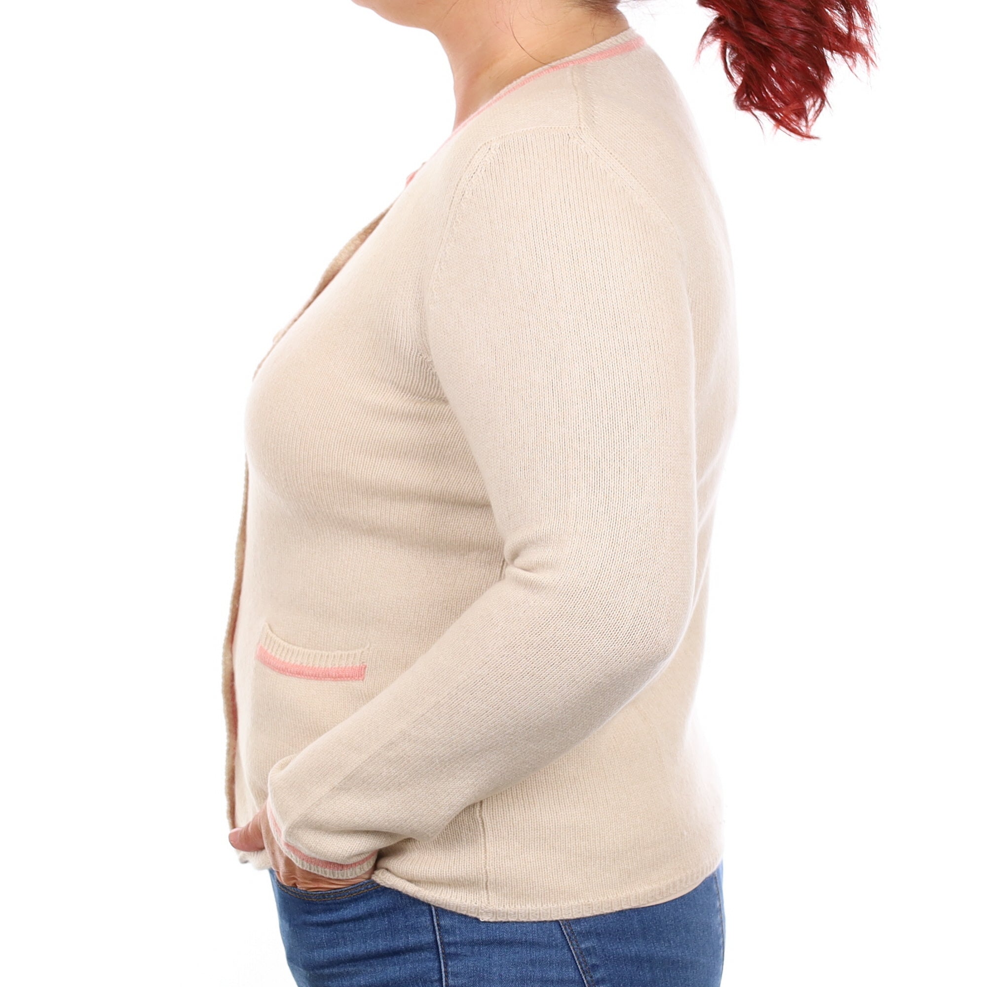 Soft Beige and Pink Trim Cashmere Heavy Knit Crew Neck Cardigan Large