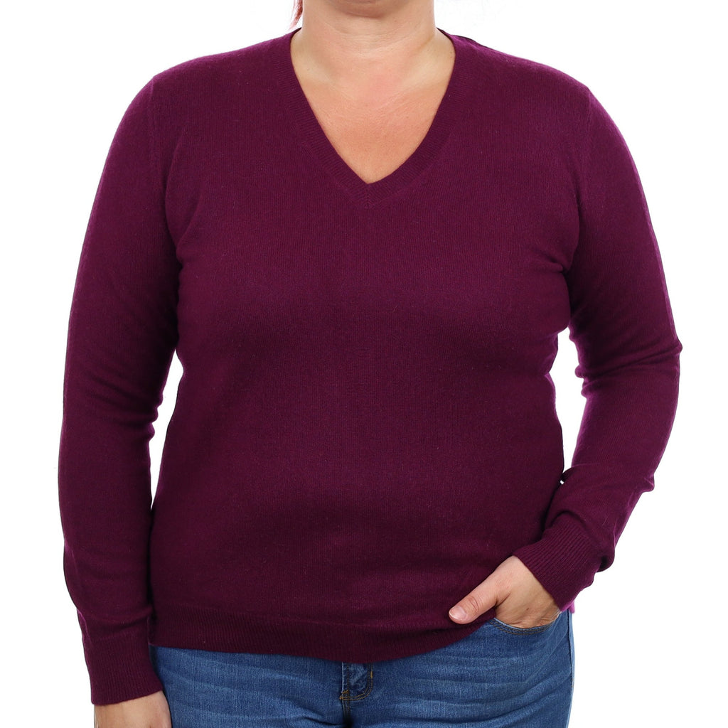 Plum Purple Cashmere V Neck Jumper Large