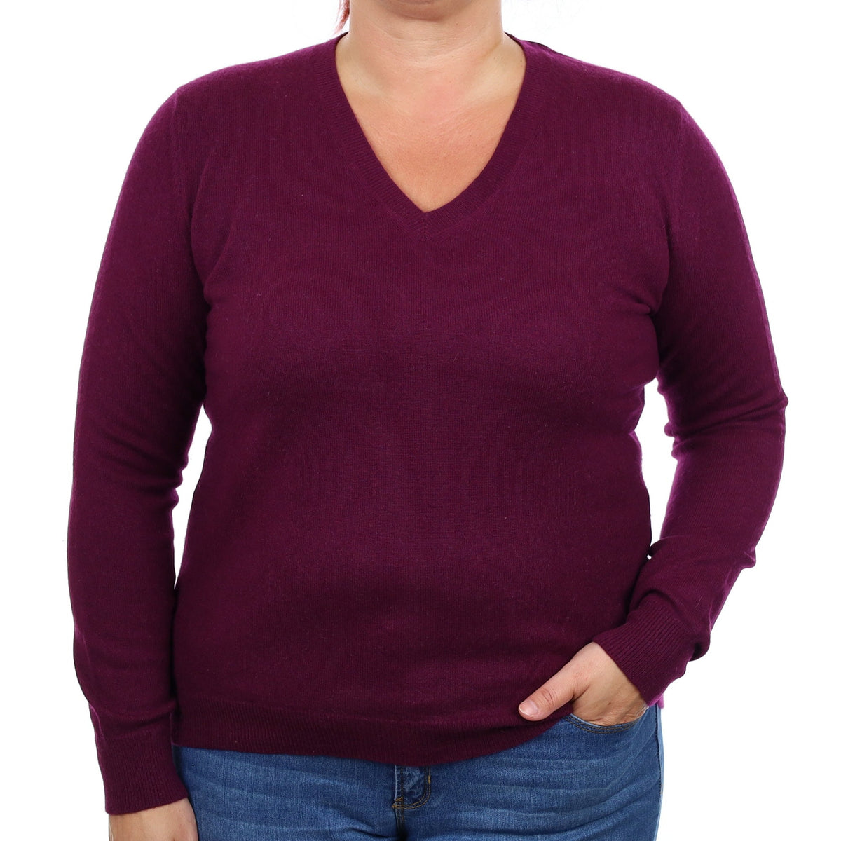 Plum Purple Cashmere V Neck Jumper Large