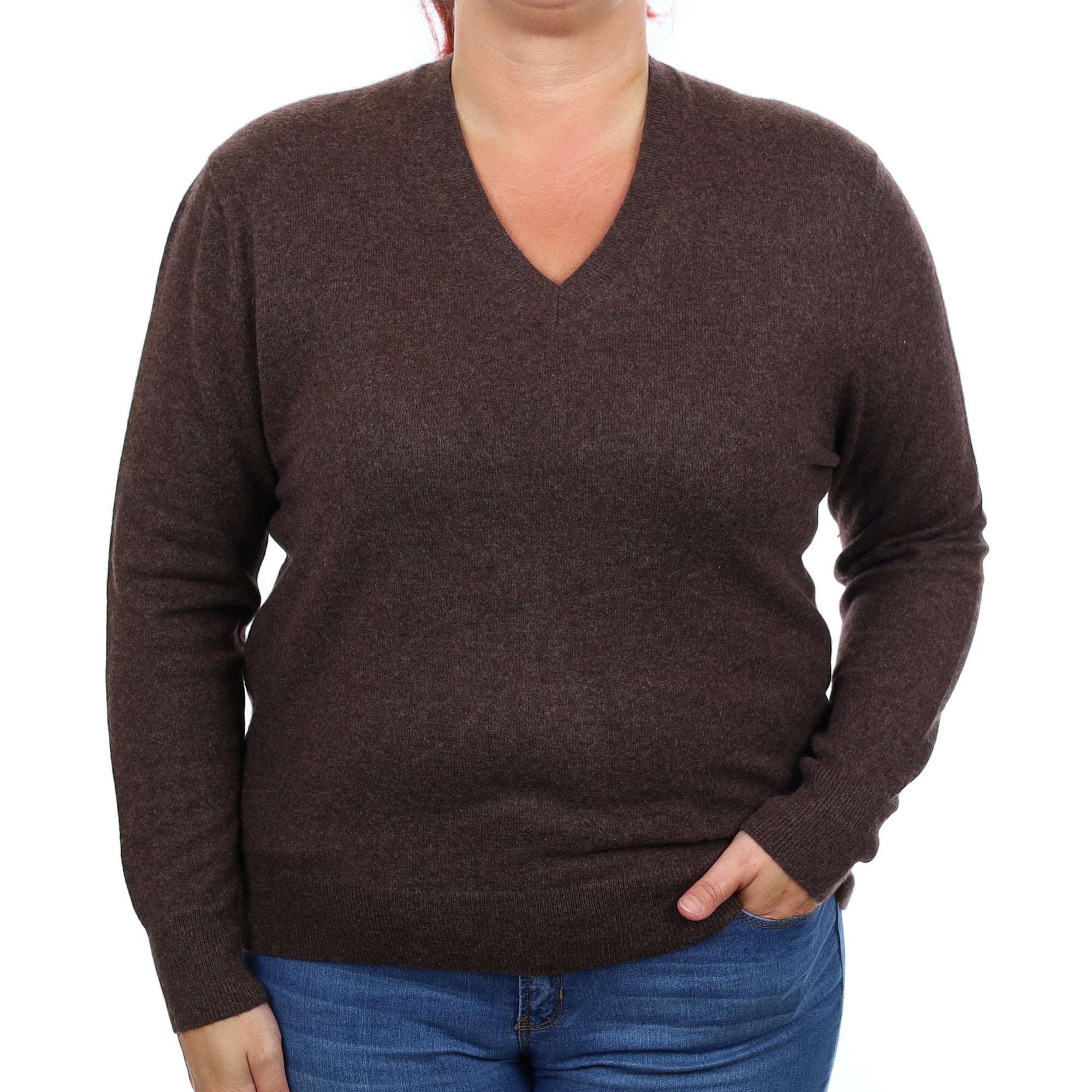 Chocolate Brown Cashmere V Neck Jumper Large