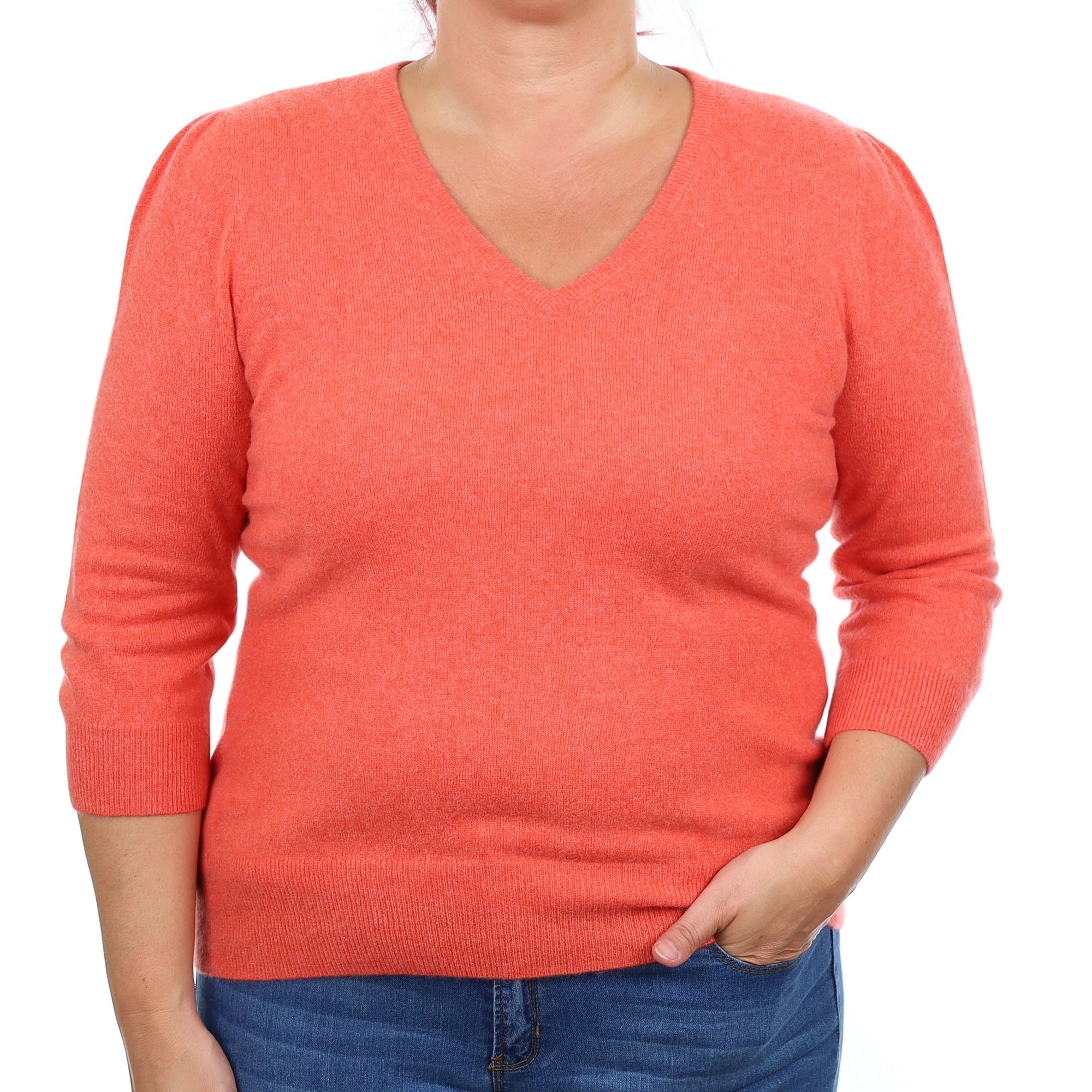Coral Orange Cashmere V Neck Jumper Large