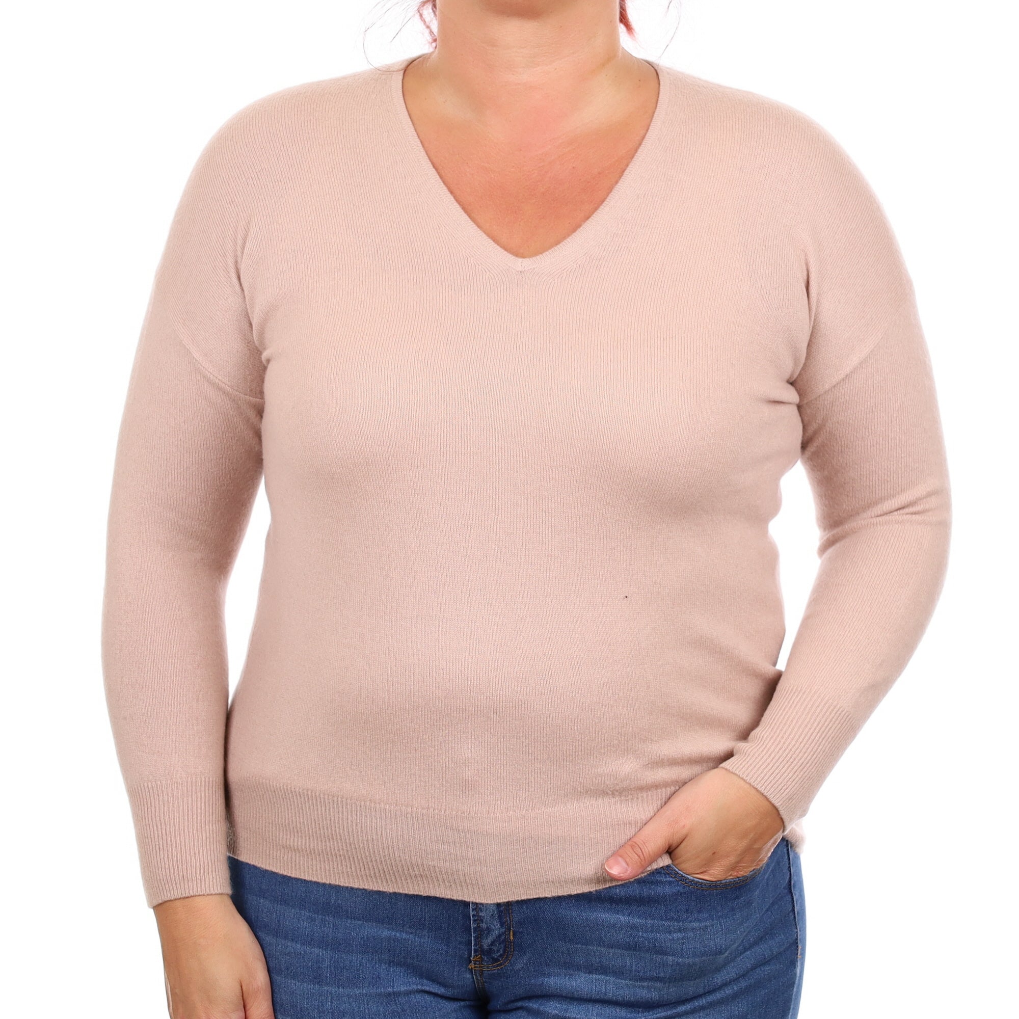 Palest Heather Pink Cashmere V Neck Jumper Large