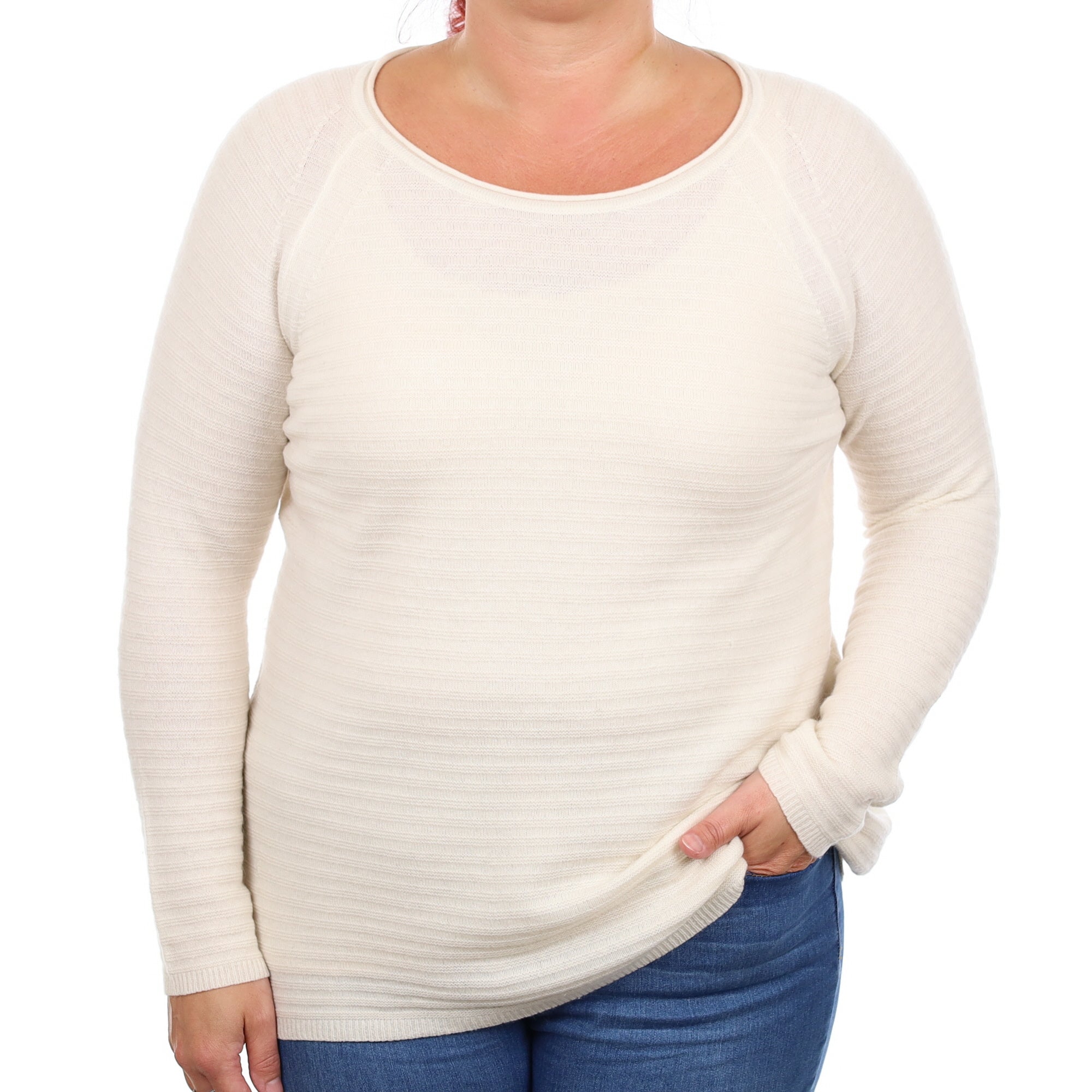 Ivory Cashmere Textured Knit Wide Crew Neck Jumper Large