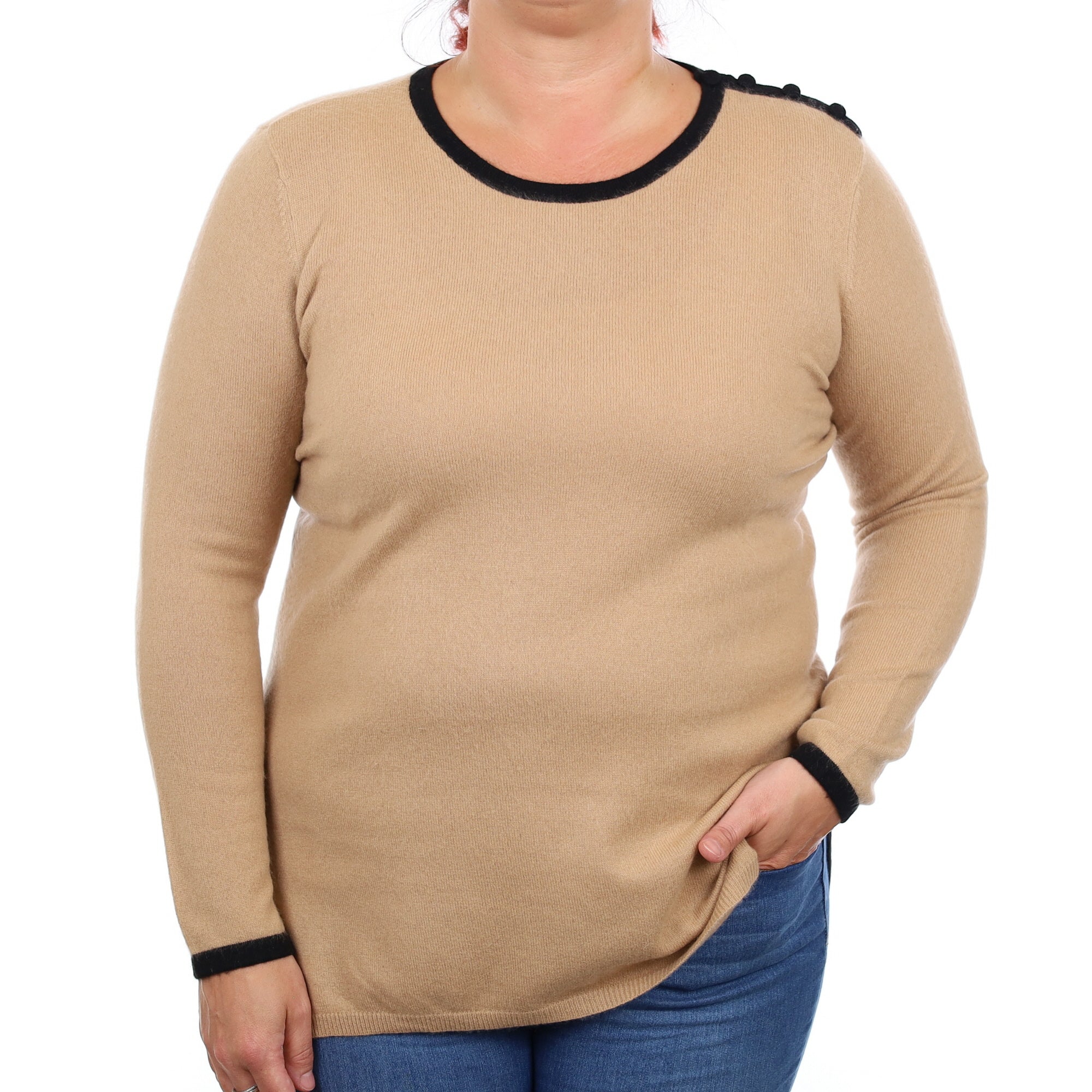 Caramel and Black Trim Cashmere Crew Neck Jumper Large
