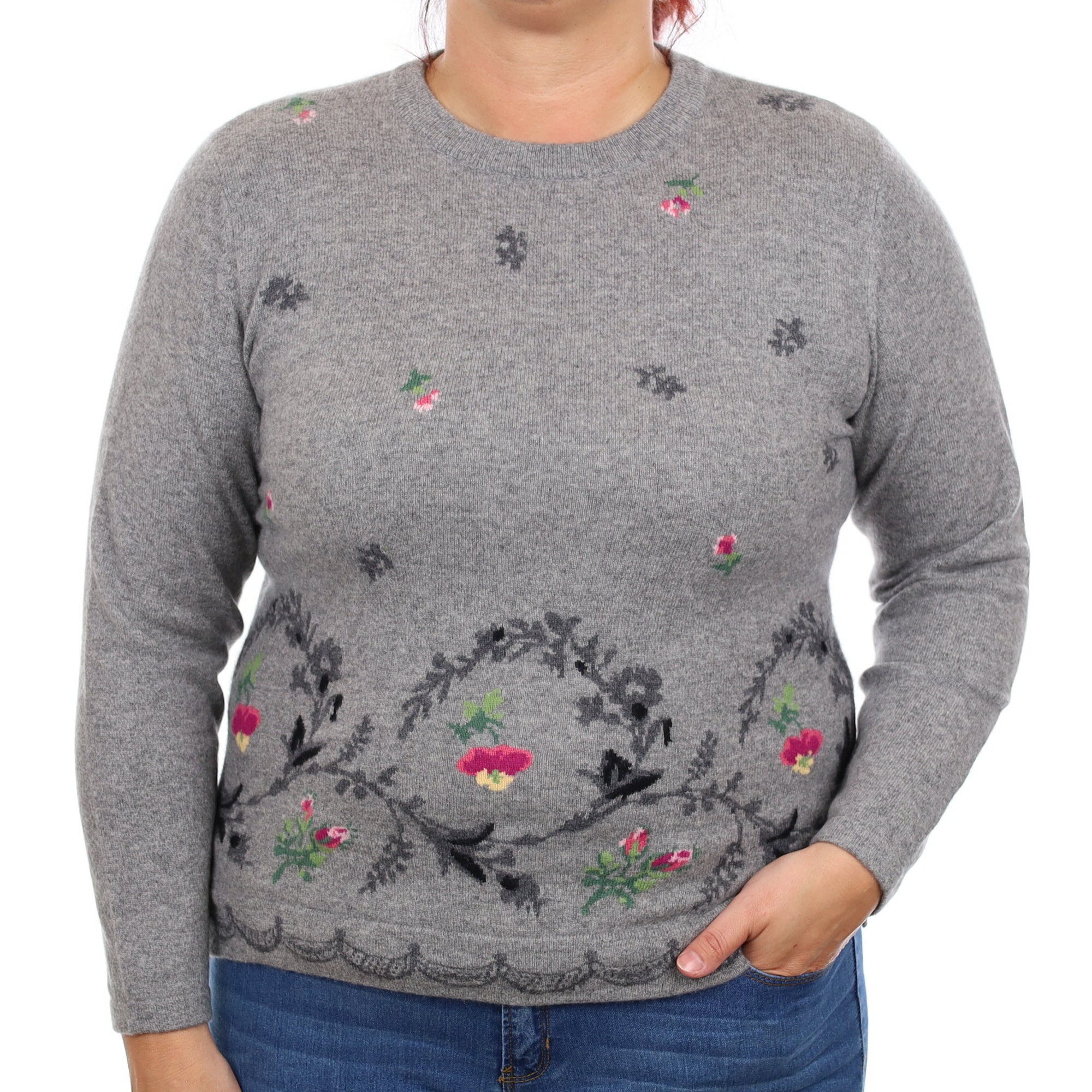 Ash Grey Floral Cashmere Crew Neck Jumper Large