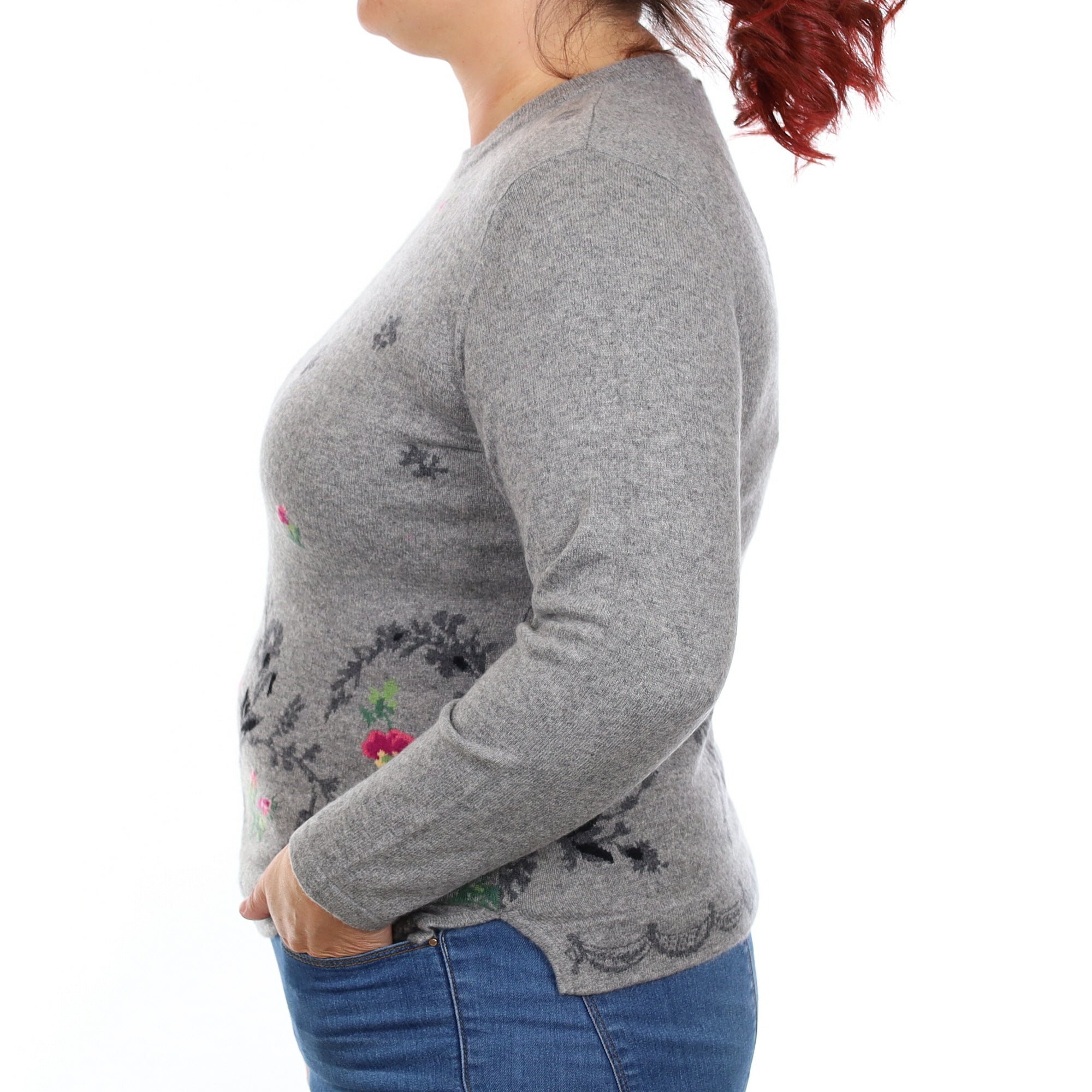 Ash Grey Floral Cashmere Crew Neck Jumper Large