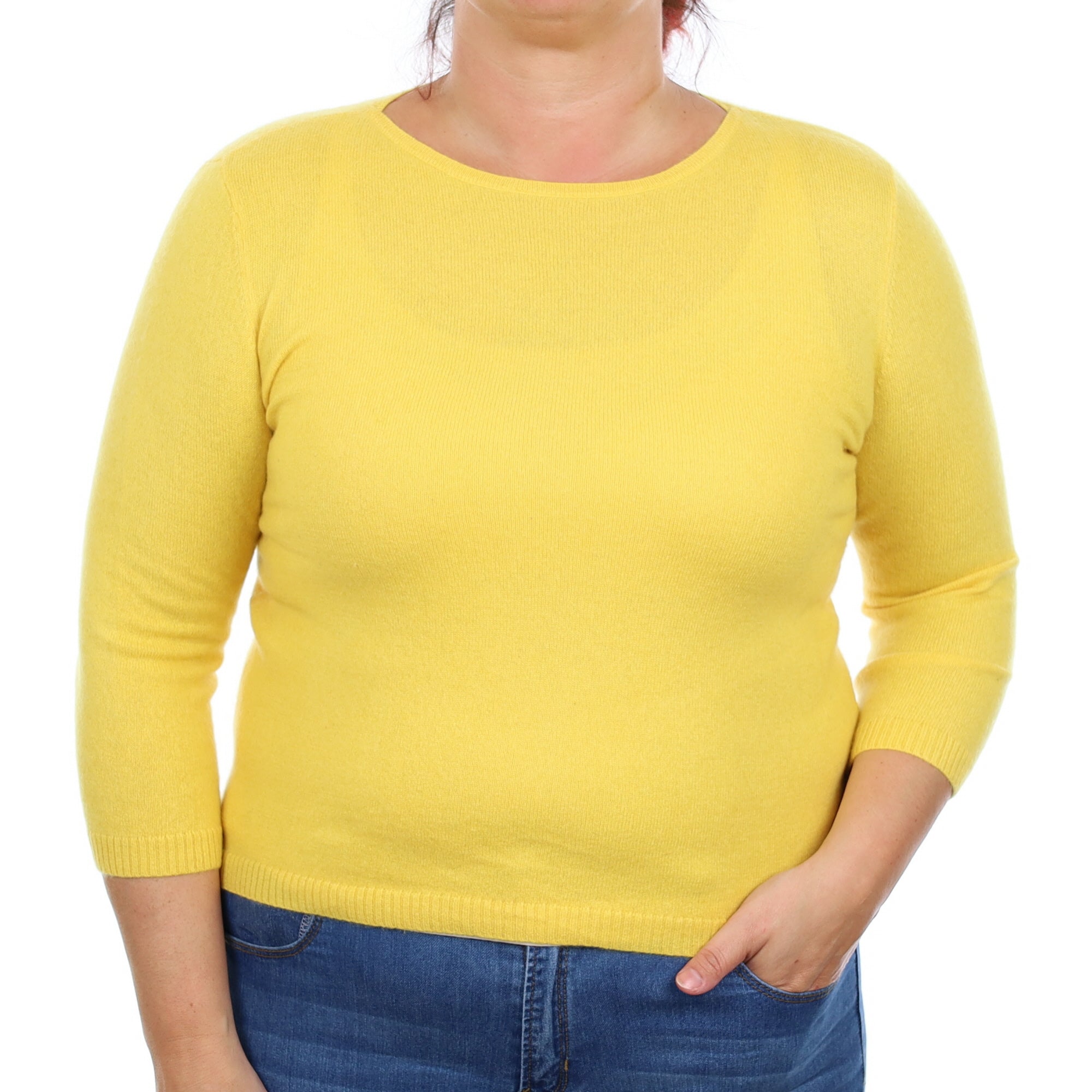 Pineapple Yellow Cashmere 3/4 Sleeve  Crew Neck Jumper Large