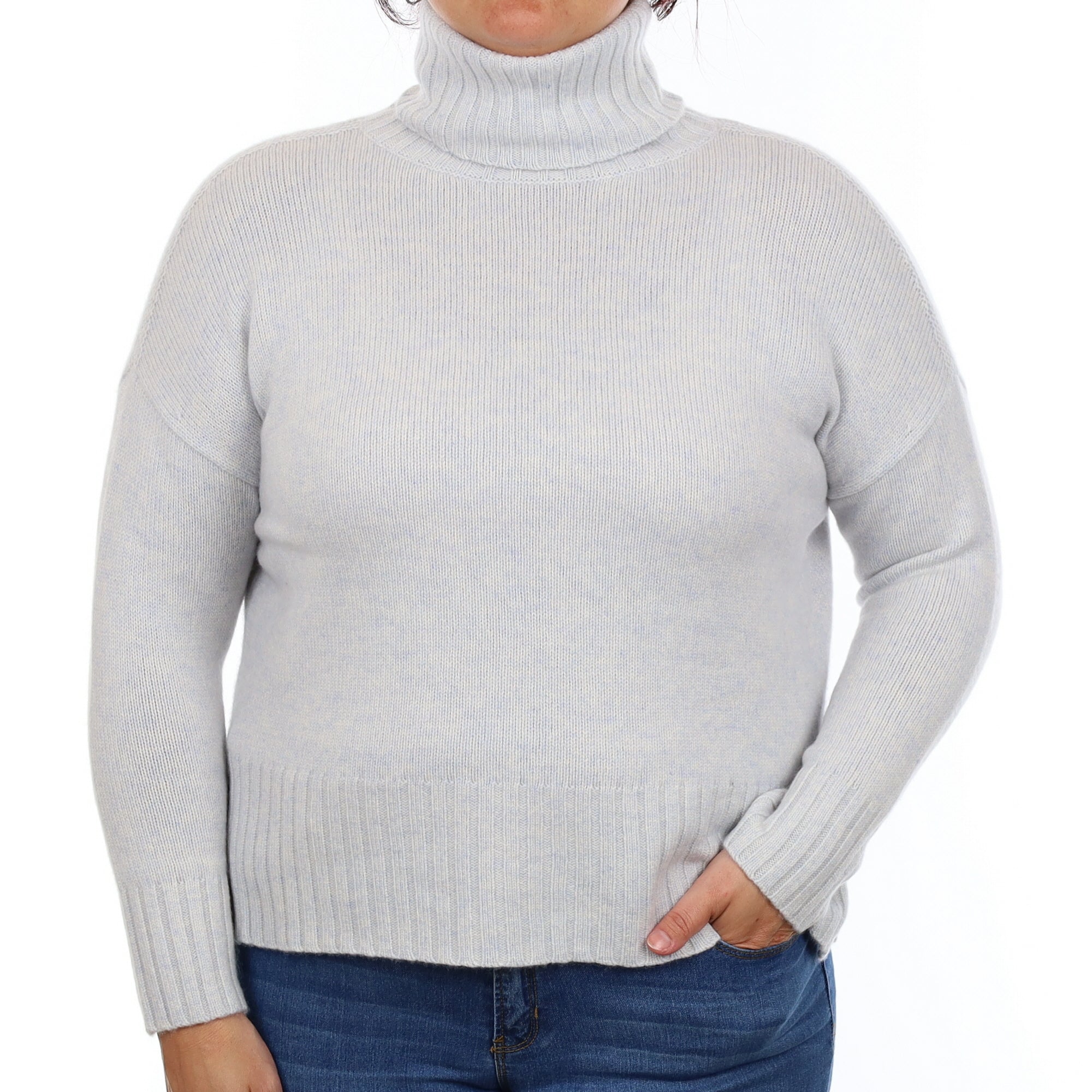 Ice Blue Cashmere Chunky Knit Polo Neck Large