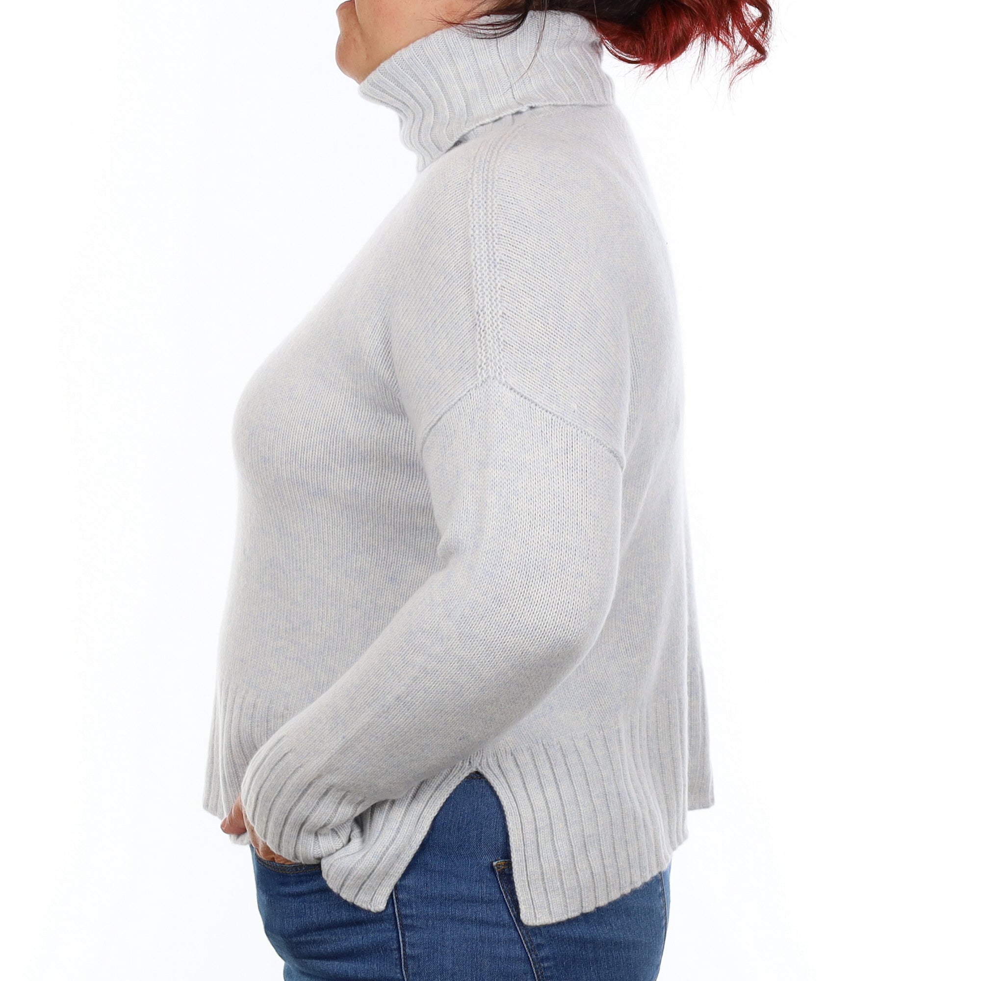 Ice Blue Cashmere Chunky Knit Polo Neck Large